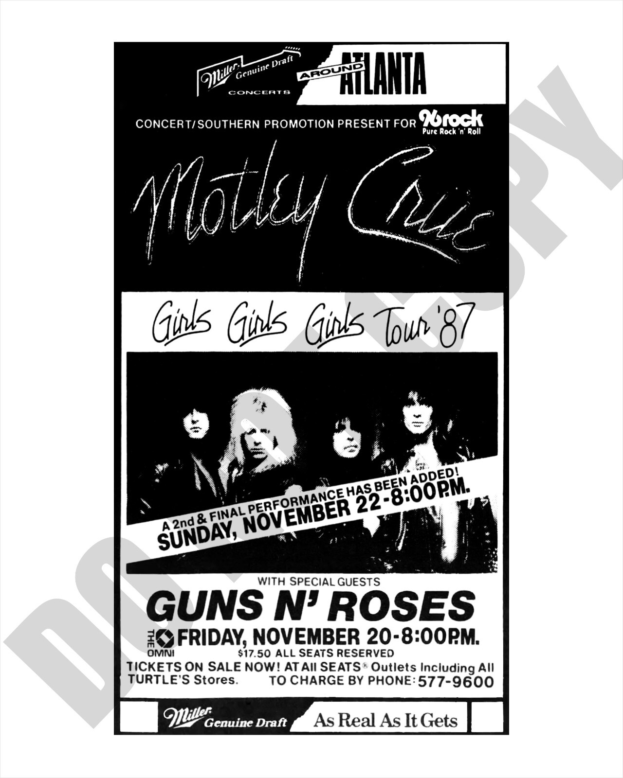1987 Motley Crue Guns N' Roses Concert at Omni Atlanta Newspaper Ad 8x10 Photo