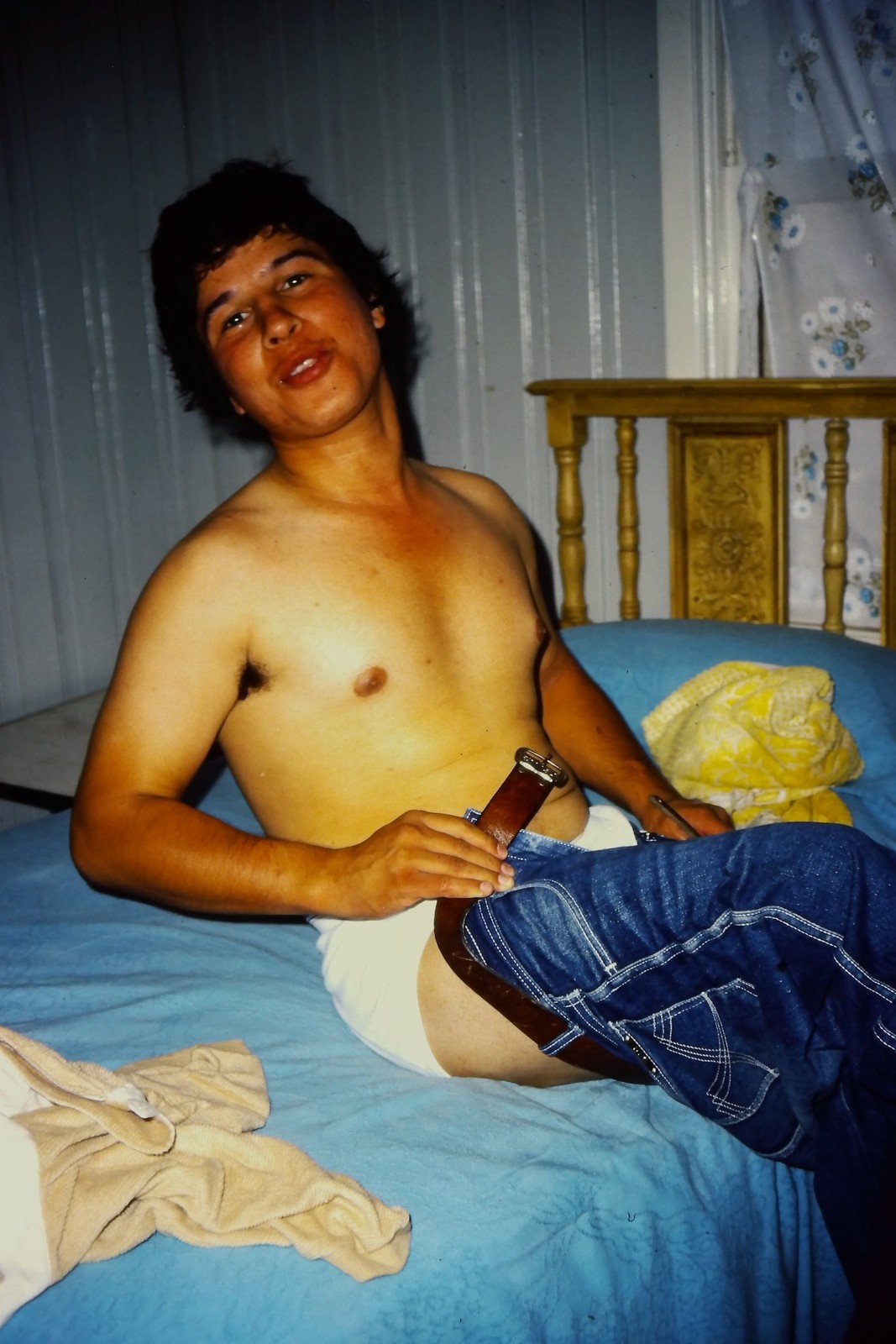 1970s Unknown Film 35mm Slide Young Man Portrait Denim Jeans Bedroom