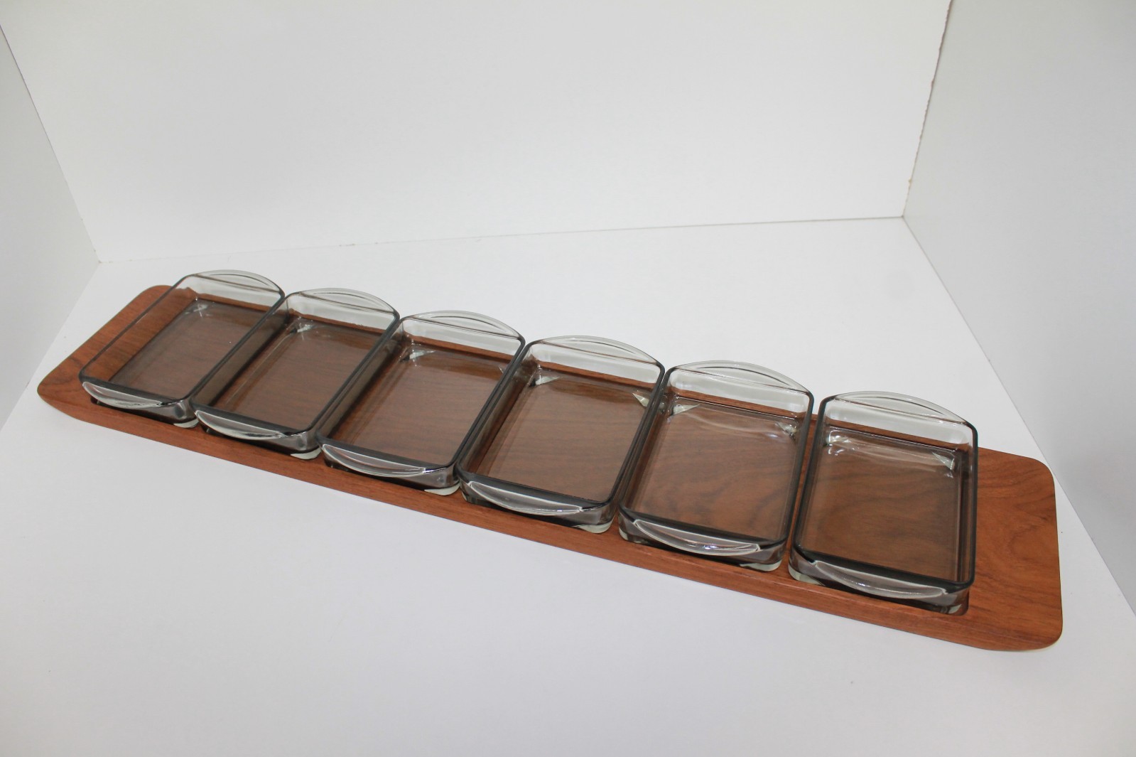 Vintage MCM LUNNNG Teak Serving Tray with 6 Smoke Glass Dishes - 26.5” - DENMARK