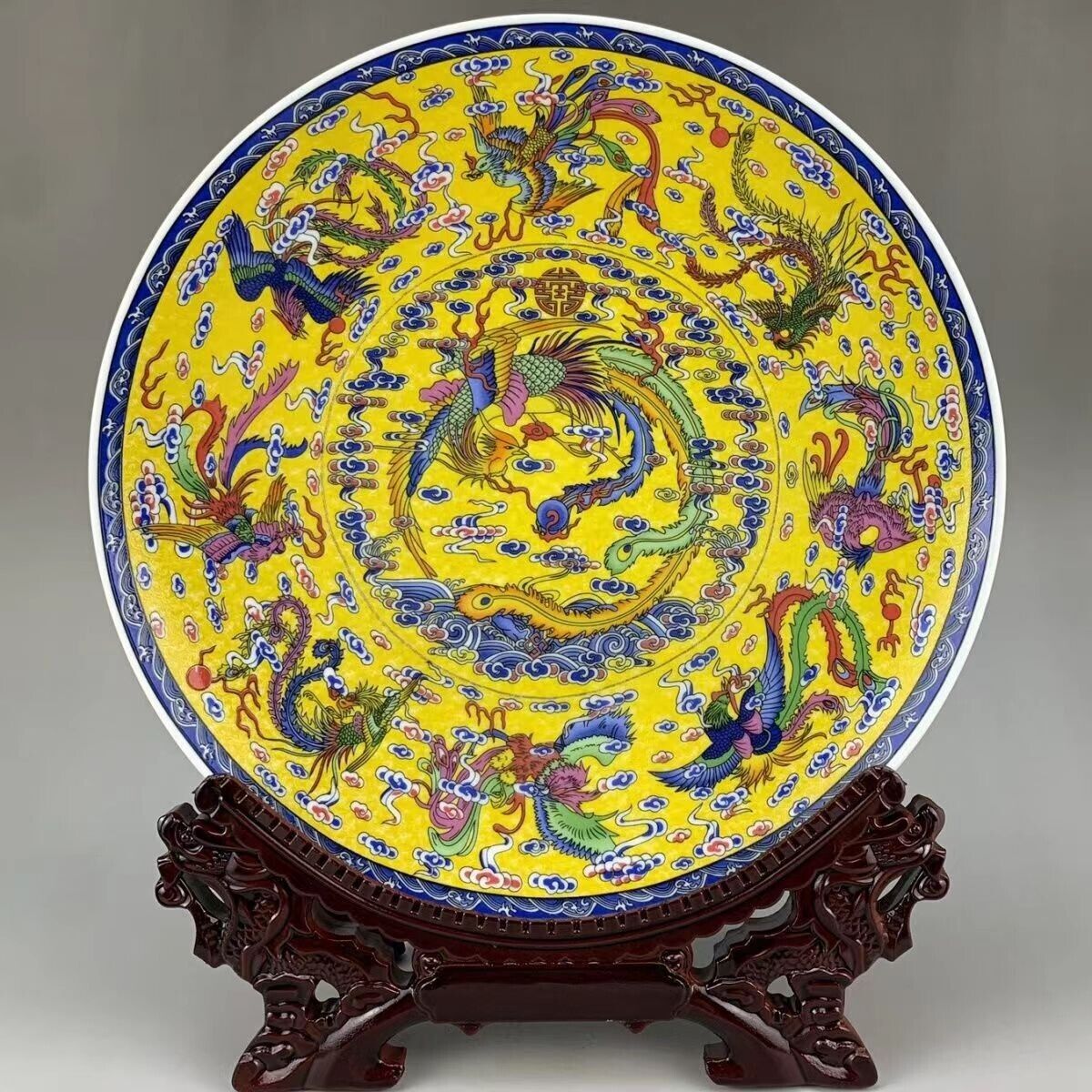 Vintage Chinese Pastel Famille Rose Porcelain Yellow 9 Phoenixes Plate