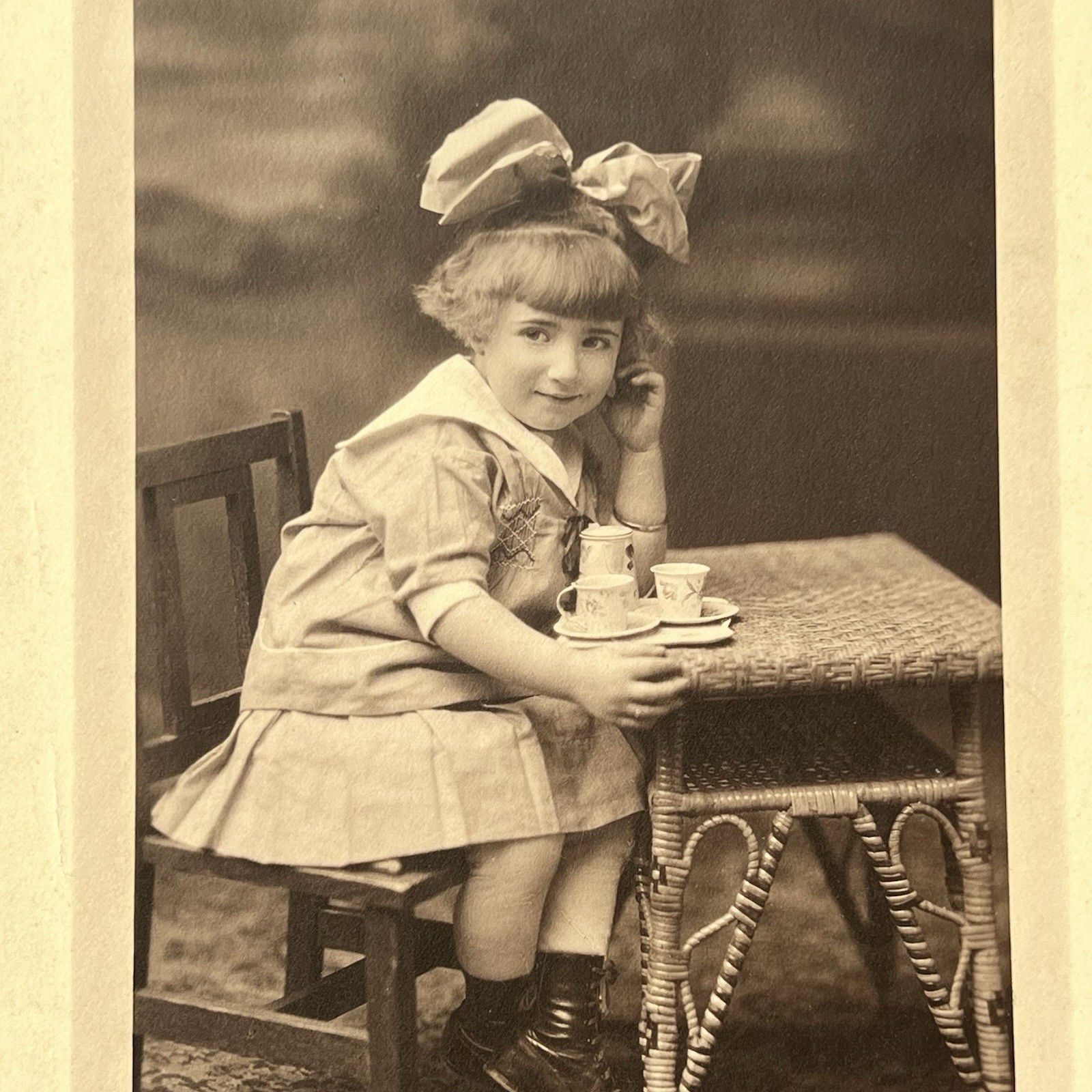 Antique Trifold Photograph Adorable Little Girl Teacup Tea Party Boston MA
