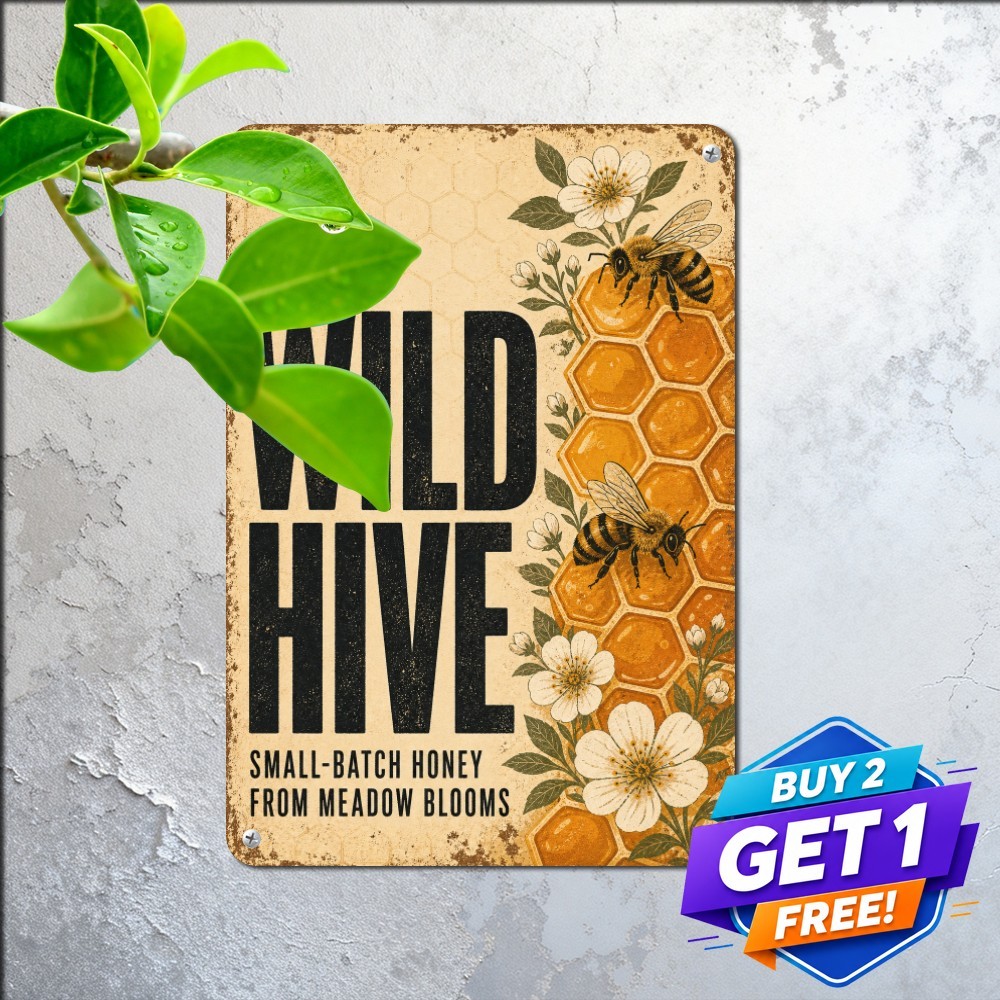Pure Natural Honey Comb Tin Sign 8x12 Farm Apiary Pantry Wall Metal Decor