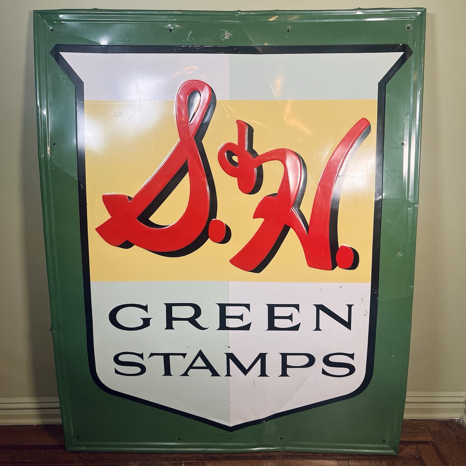 Vintage S&H Green Stamps Metal Embossed Stout Sign #3 47”x58.5 Vintage S&H Green Stamps Metal Embossed Stout Sign #3 47”x58.5