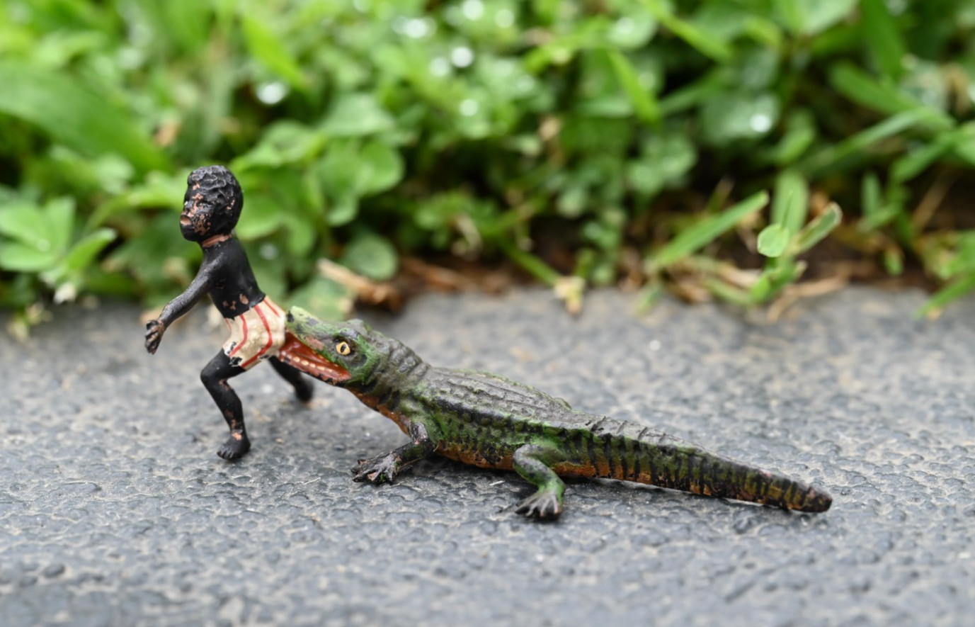 Rare 1900s Austrian Vienna Cold Painted Bronze Figure of Alligator Biting Person