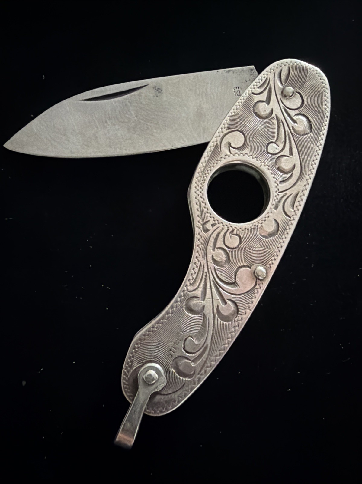 Vintage Engraved Pocket Knife Pendant Sterling Silver Cigar Cutter Scroll Japan