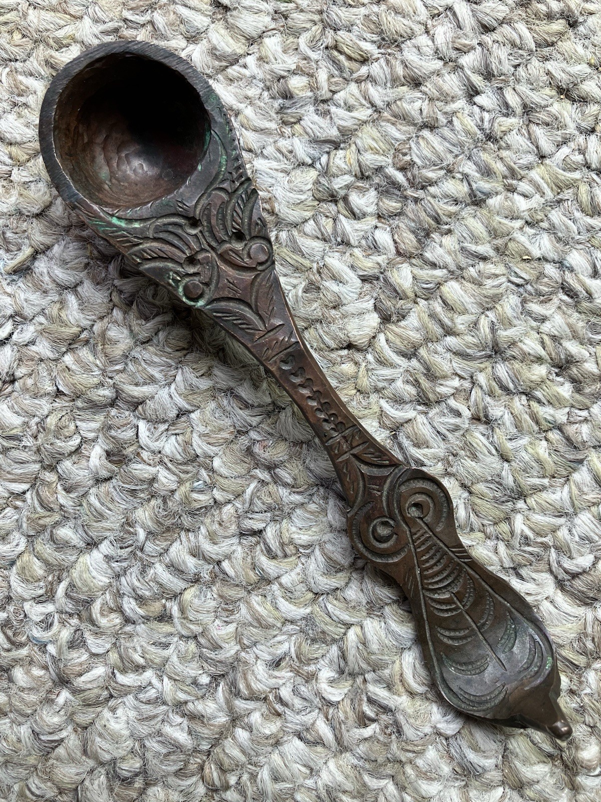 Antique Ceremonial Spoon Hammered Copper Engraved Old Vintage Unusual