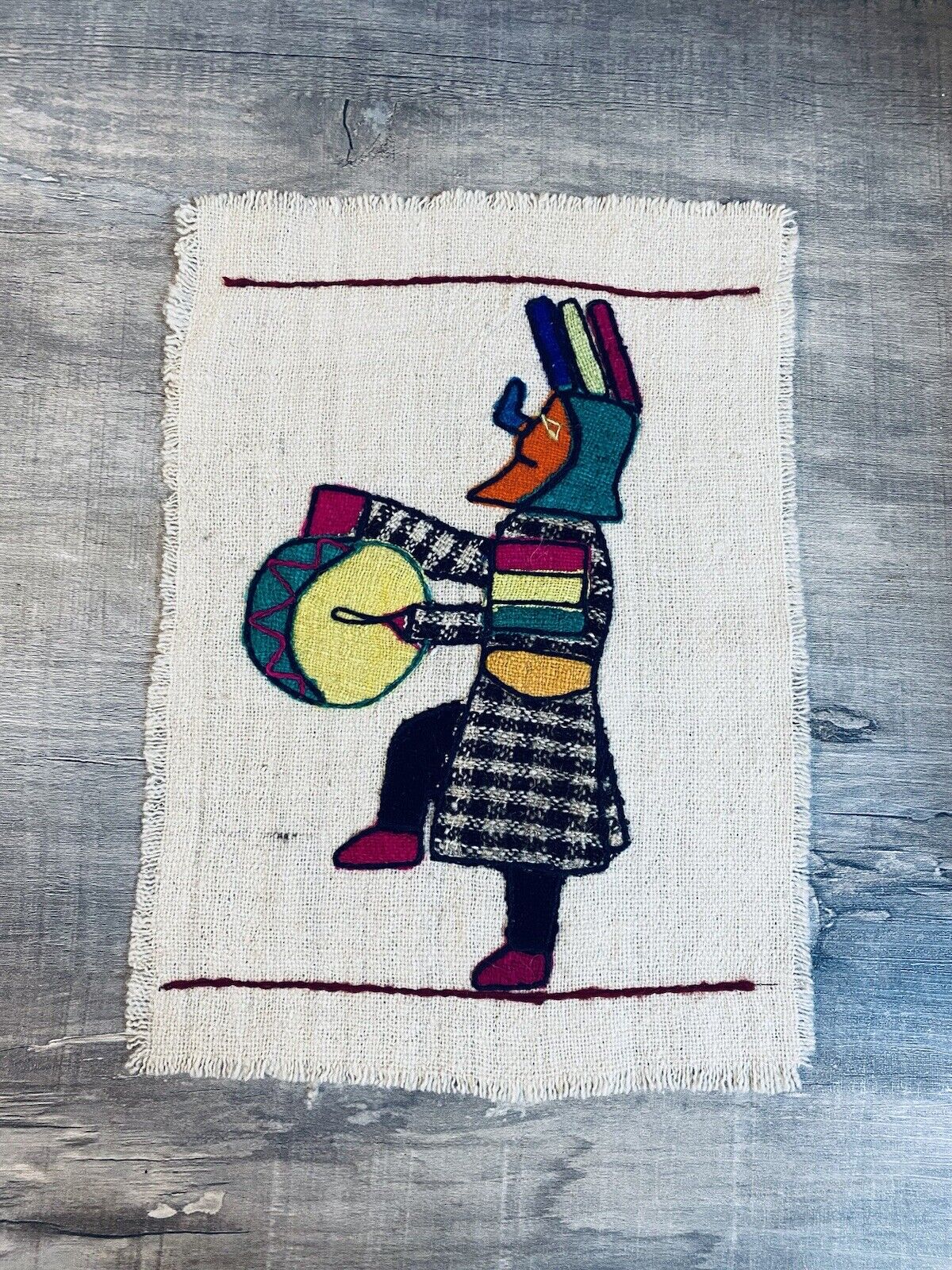 Vintage Native American Hopi Kachina Doll Wool Fiber Wall Art Man With Drum