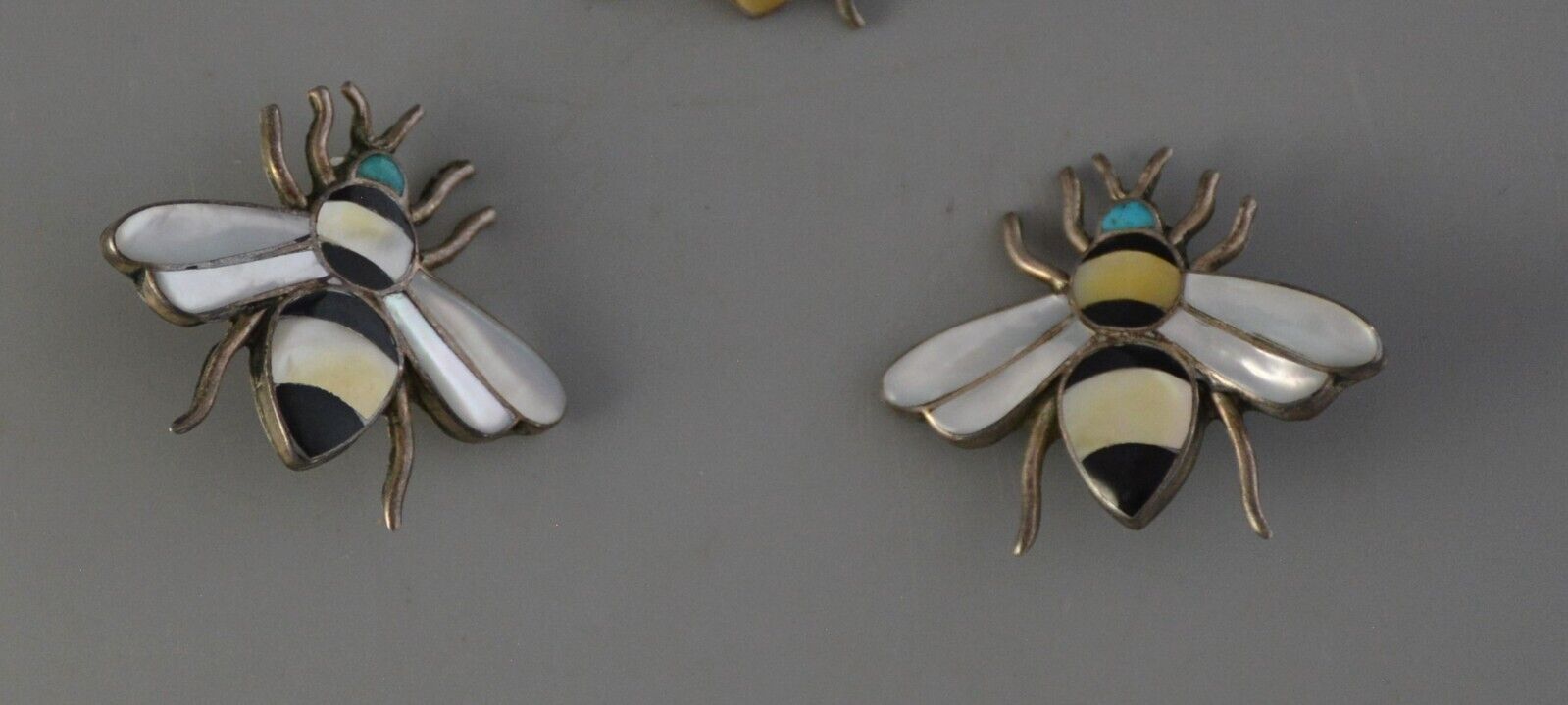 Vintage Zuni Indian Silver Inlay Clasp Earrings - Bumble Bees - 1