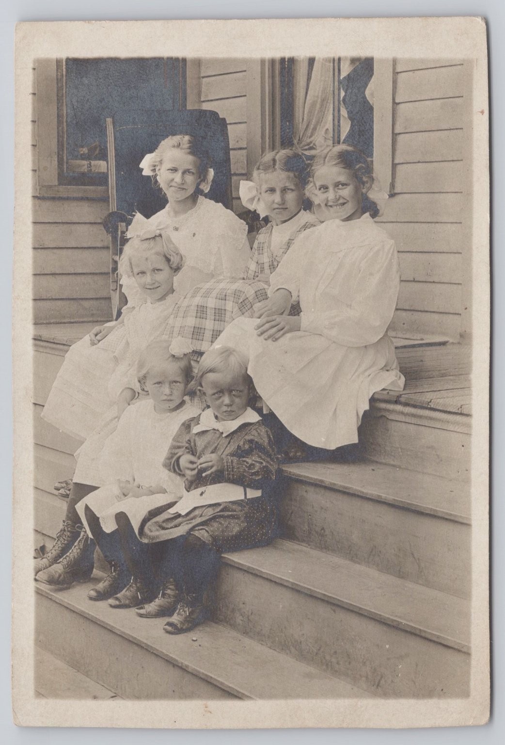 Vintage RPPC Postcard Six Children Group Portrait Porch Steps Early 1900s