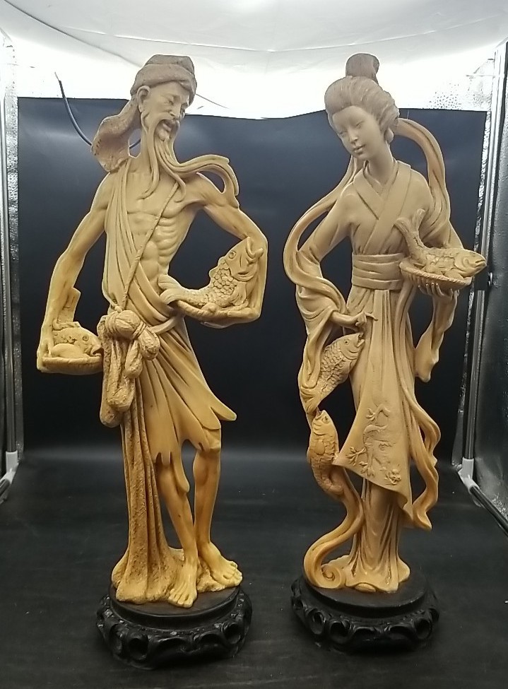 Pair Hand Carved 19 1/2  Alabaster Resin Sighned Oriental Man And Woman Signed