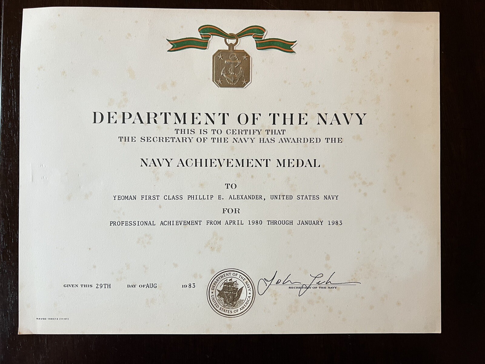 1983 NAVY ACHIEVEMENT MEDAL AWARDED CERTIFICATE PHILLIP ALEXANDER