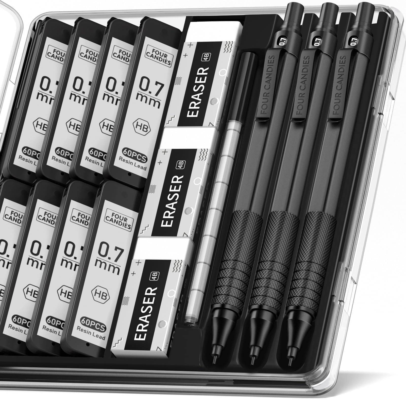 Four Candies Metal Mechanical Pencil Set with Case, 0.7mm, 3Pack, Black