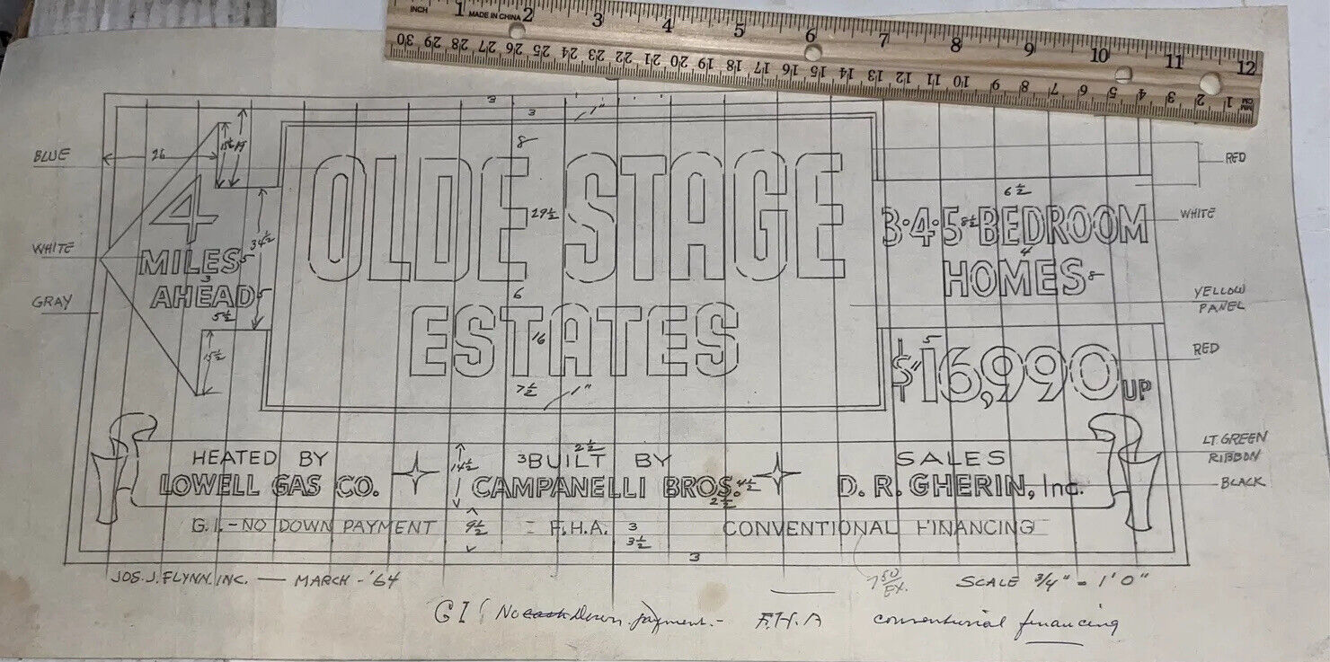 Vintage 1964 Billboard Ad Sign Sample: Olde Stage Estates Chelmsford MA History