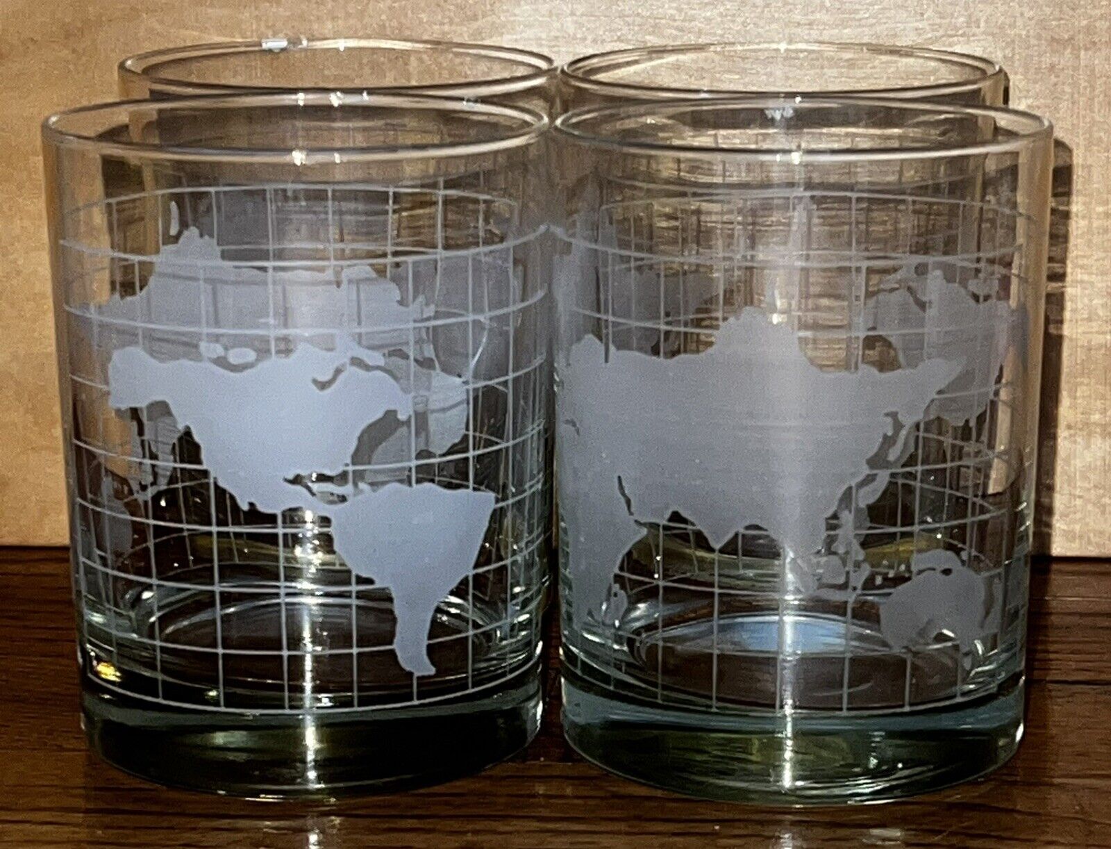 4 VTG 70\'s Glass Clear w Frosted World Map Globe Double Old Fashioned Tumblers