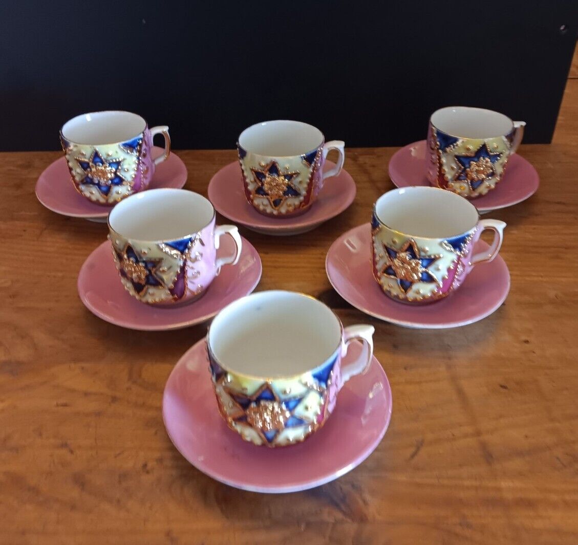 6  Antique  Pink Lusterware Gild Star  Demitasse Cups & Saucer Germany  Stunning