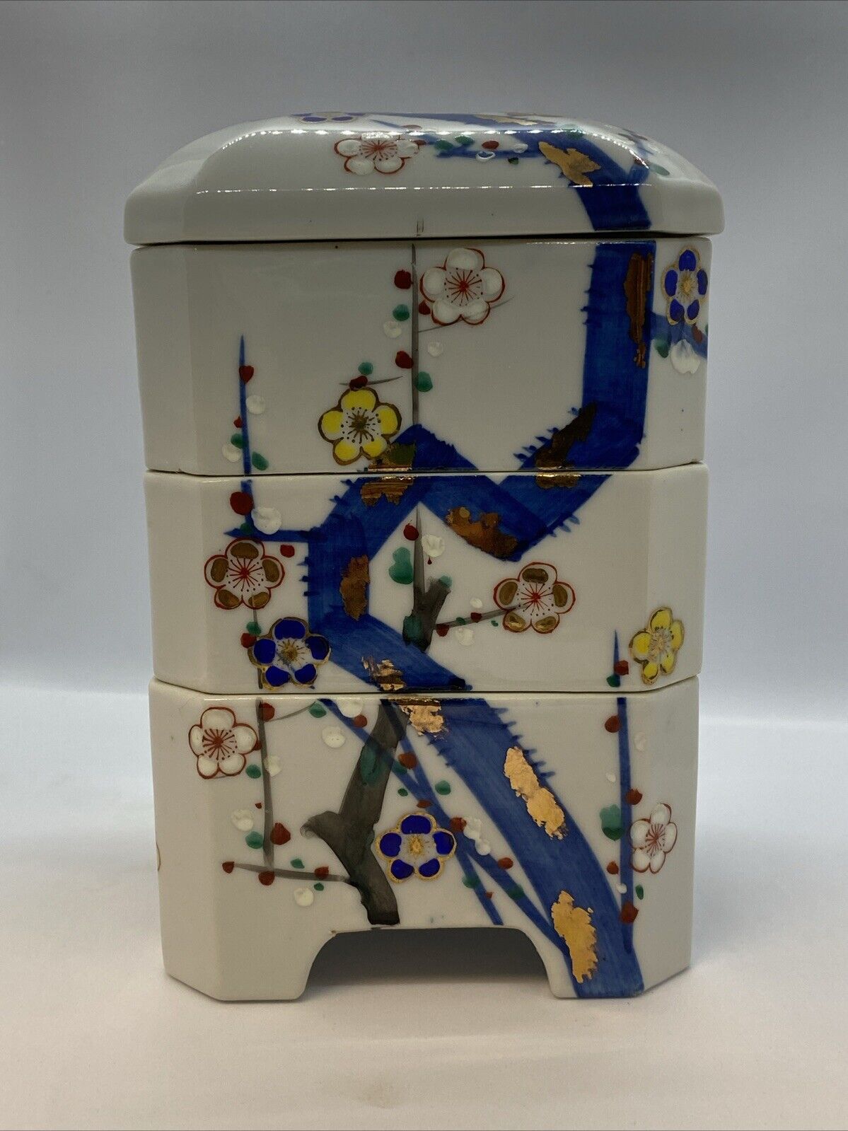 Japanese Jubako Porcelain Four Tiered Stacking Box With Lid stamped-hand Painted