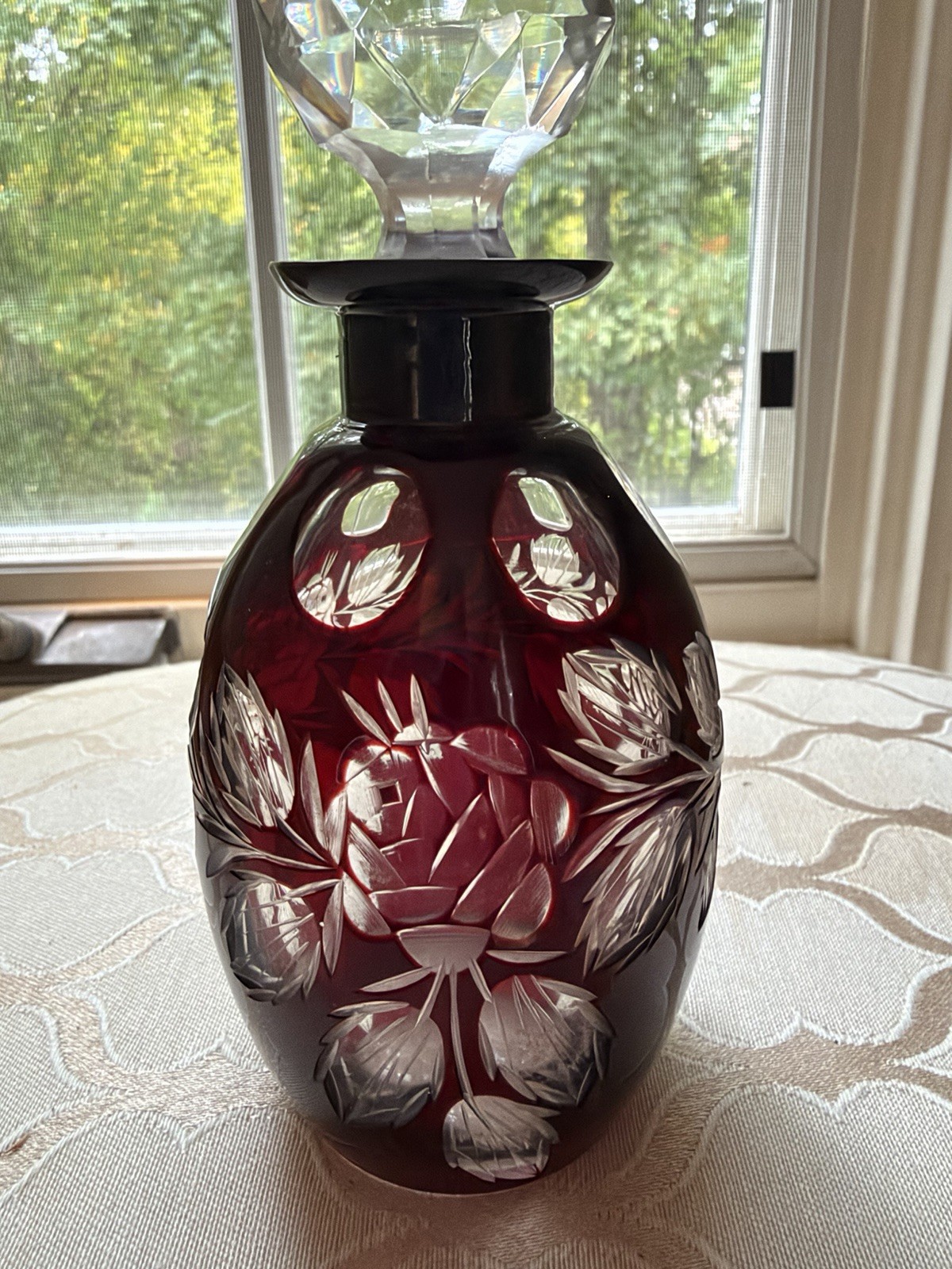 Antique Bohemian/ Ruby Red  Cut to Clear  Roses Peonies Perfume Bottle