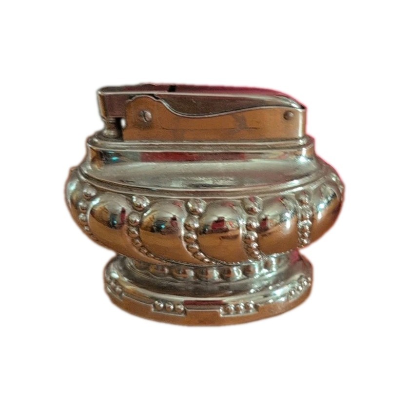 VINTAGE Crown Table Lighter Japan Ornate Silver Tone Metal Mid Century Bulbous