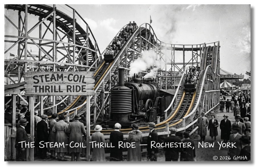 Vintage‑STYLE NEW ART 1930\'s RPPC-STEAM COIL THRILL RIDE-ROCHESTER NY-FAUX