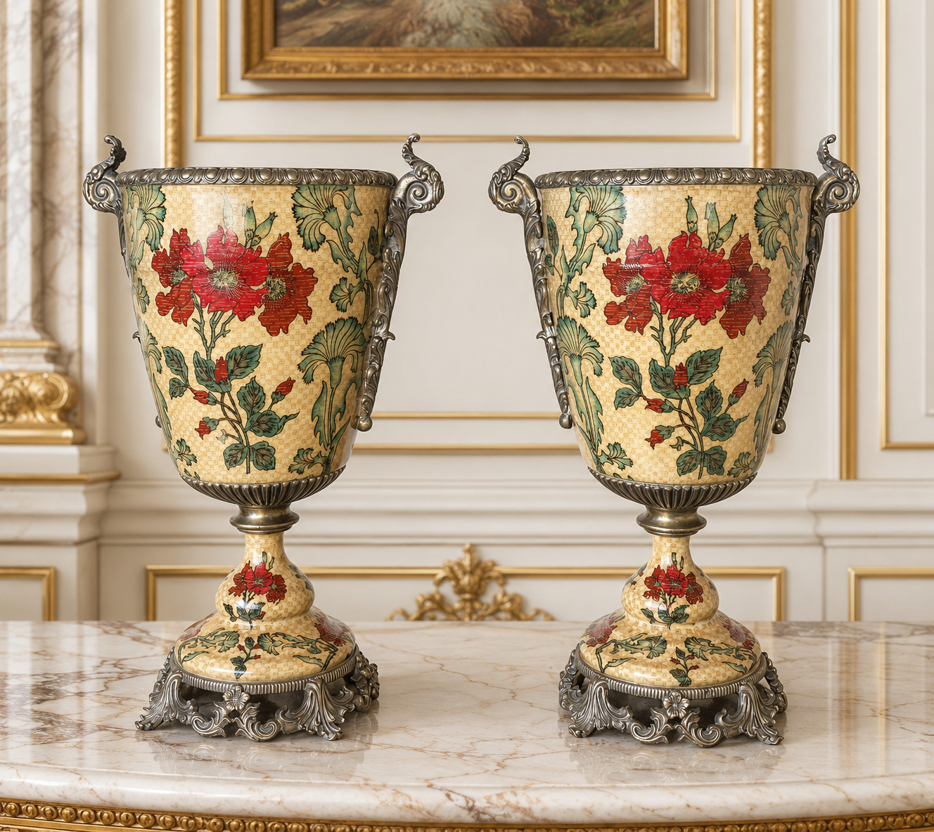 Vintage Castilian Imports Porcelain Vases • Brass Champlevé Enamel Luxury Floral