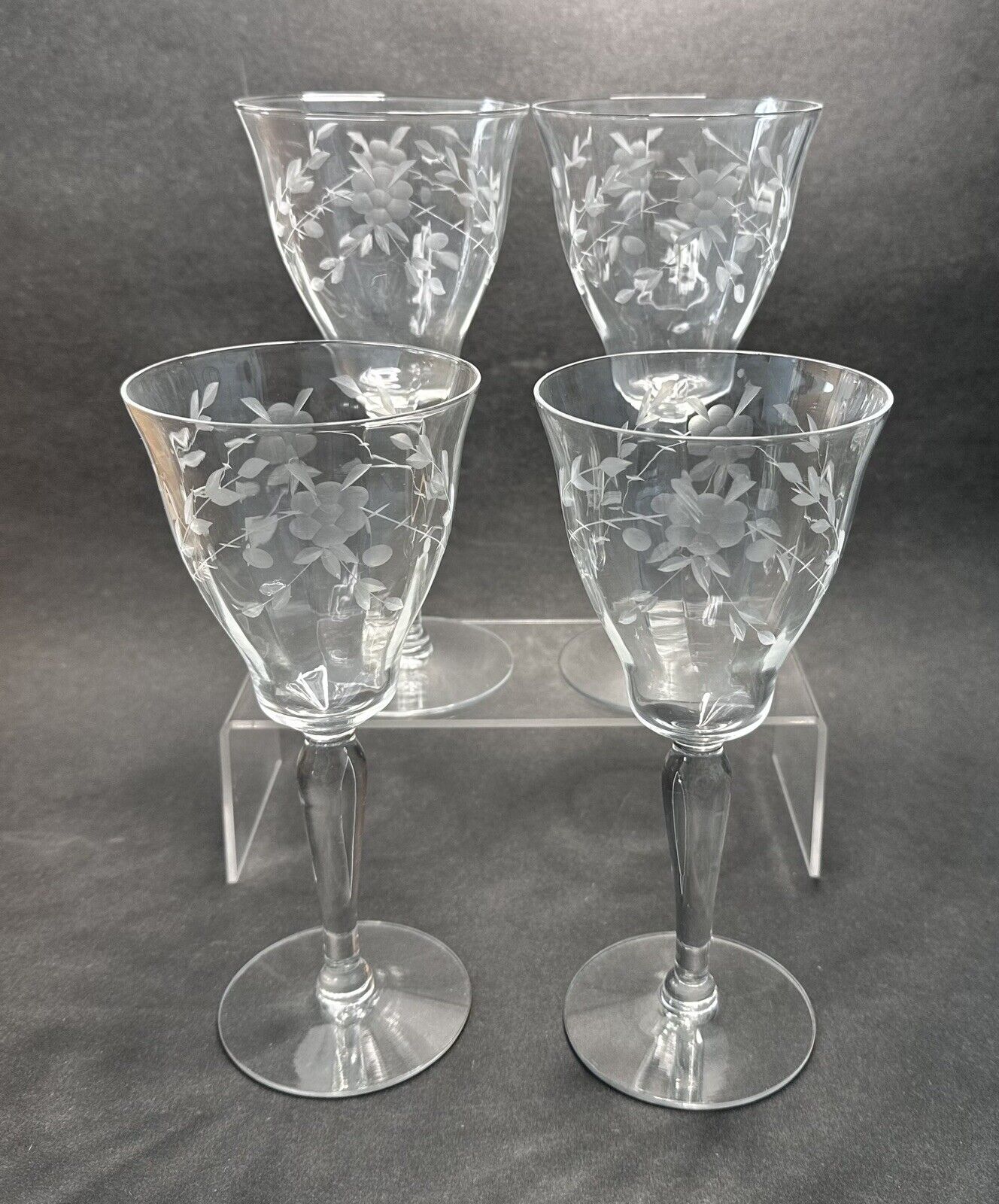 4 Vintage Etched Blossom Crystal Wine Glasses 7 5/8” Unique Shape Set Of 4