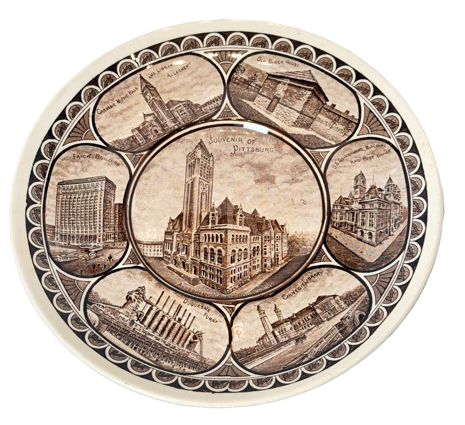 PITTSBURGH Pennsylvania PA Antique BROWN TRANSFERWARE ROYAL ALMA Souvenir PLATE