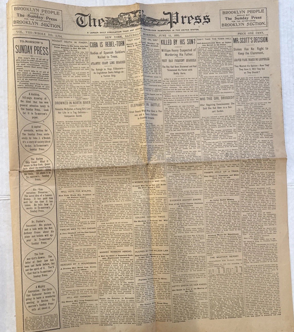 The Press Newspaper Cover Only June 15 1895 Vintage Original NY