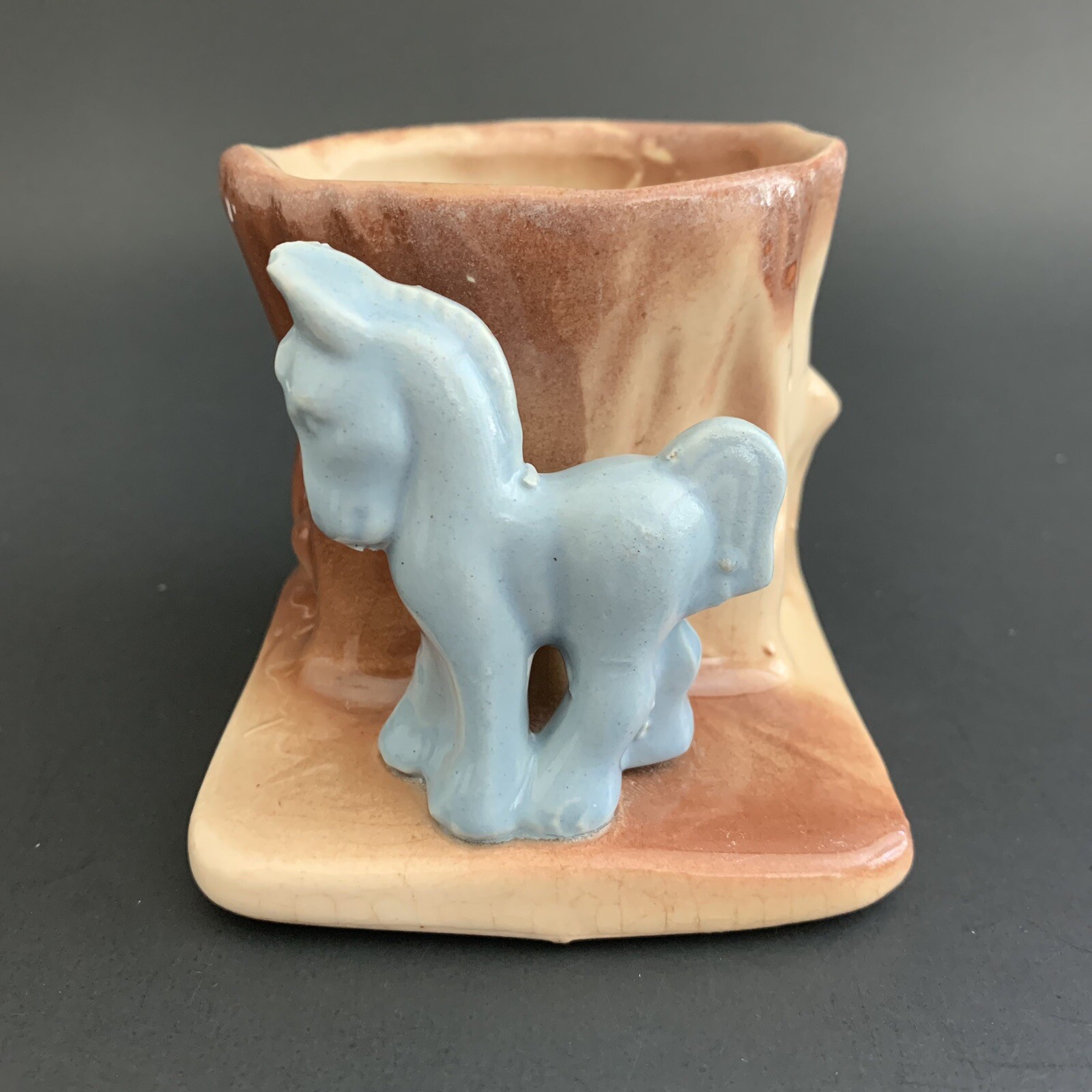 Vintage Morton Pottery Blue Horse Pony Standing by Tree Stump Planter Pot 1950s
