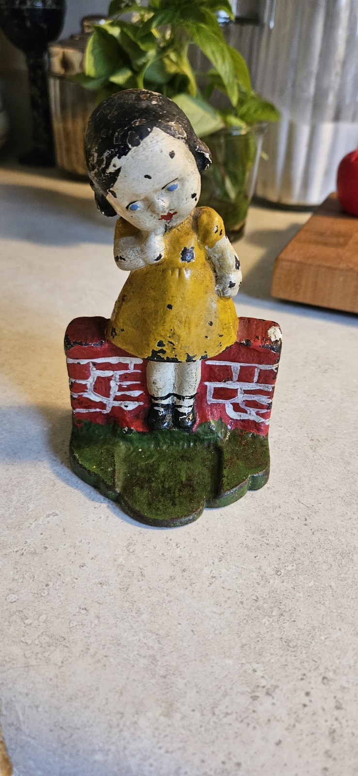 ANTIQUE ALBANY 134 CAST IRON SCHOOL GIRL IN Yellow DRESS on BRICK WALL  DOORSTOP