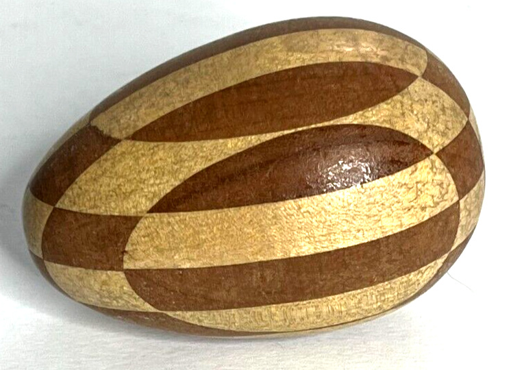 Vintage Checkered Inlaid Turned DARNING EGG Marquetry Artisan Wooden Sock Darner