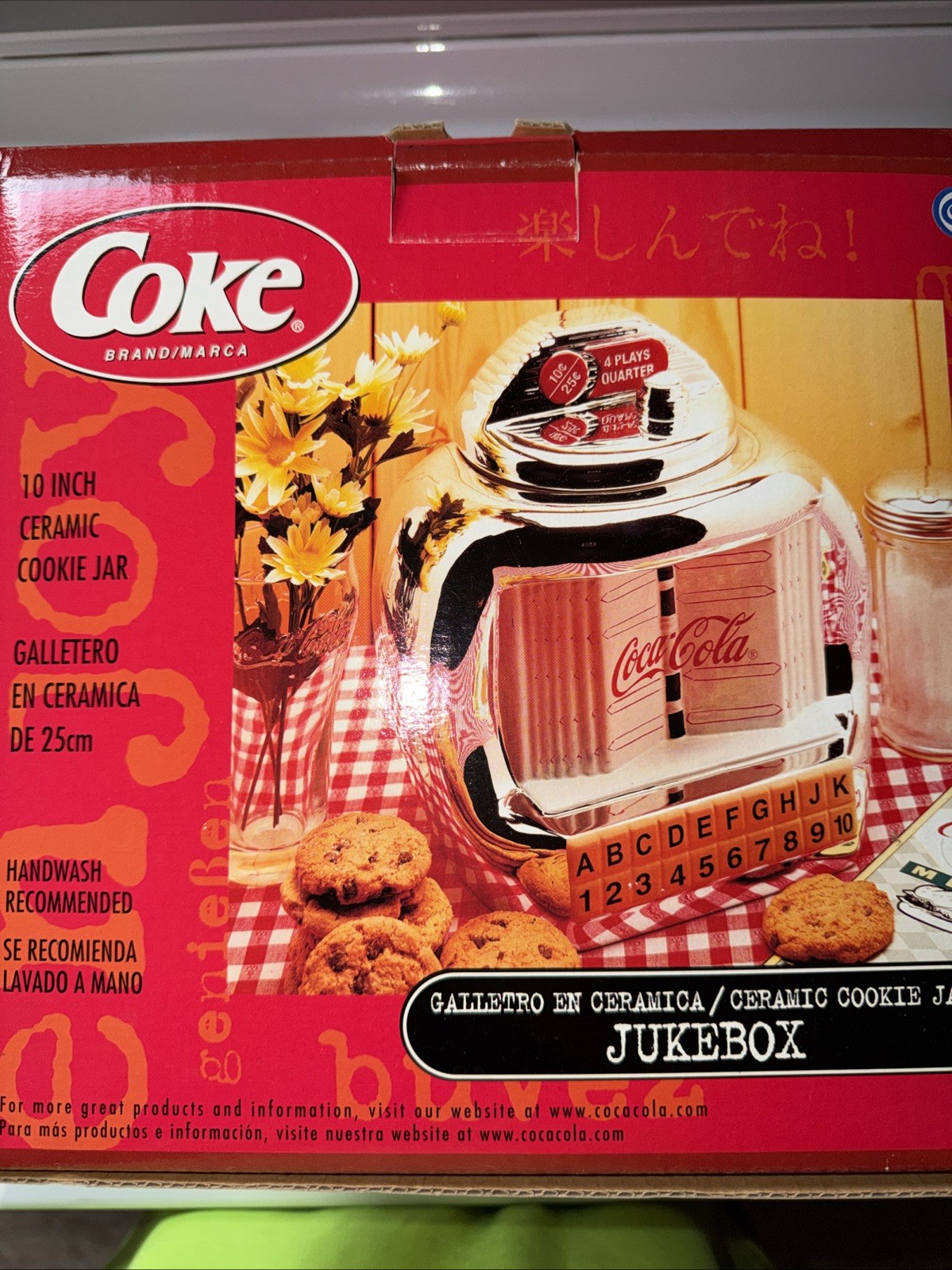 Coca-Cola Ceramic Jukebox Style Cookie Jar Silver White Red w/ Box