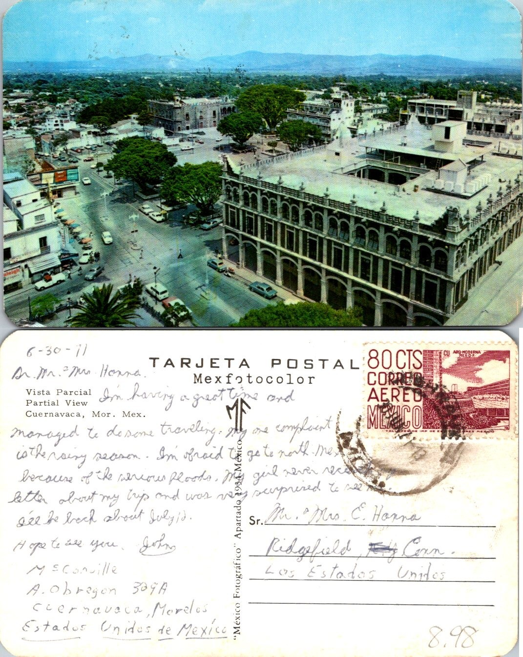 Cuernavaca, Mor, Mexico Vista Parcial Partial View Aerial Postcard 70089