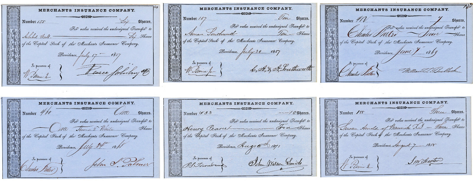 RHODE ISLAND Merchants Insurance Co. LOT OF SIX (6) Certificates 1850’s – 1870’s