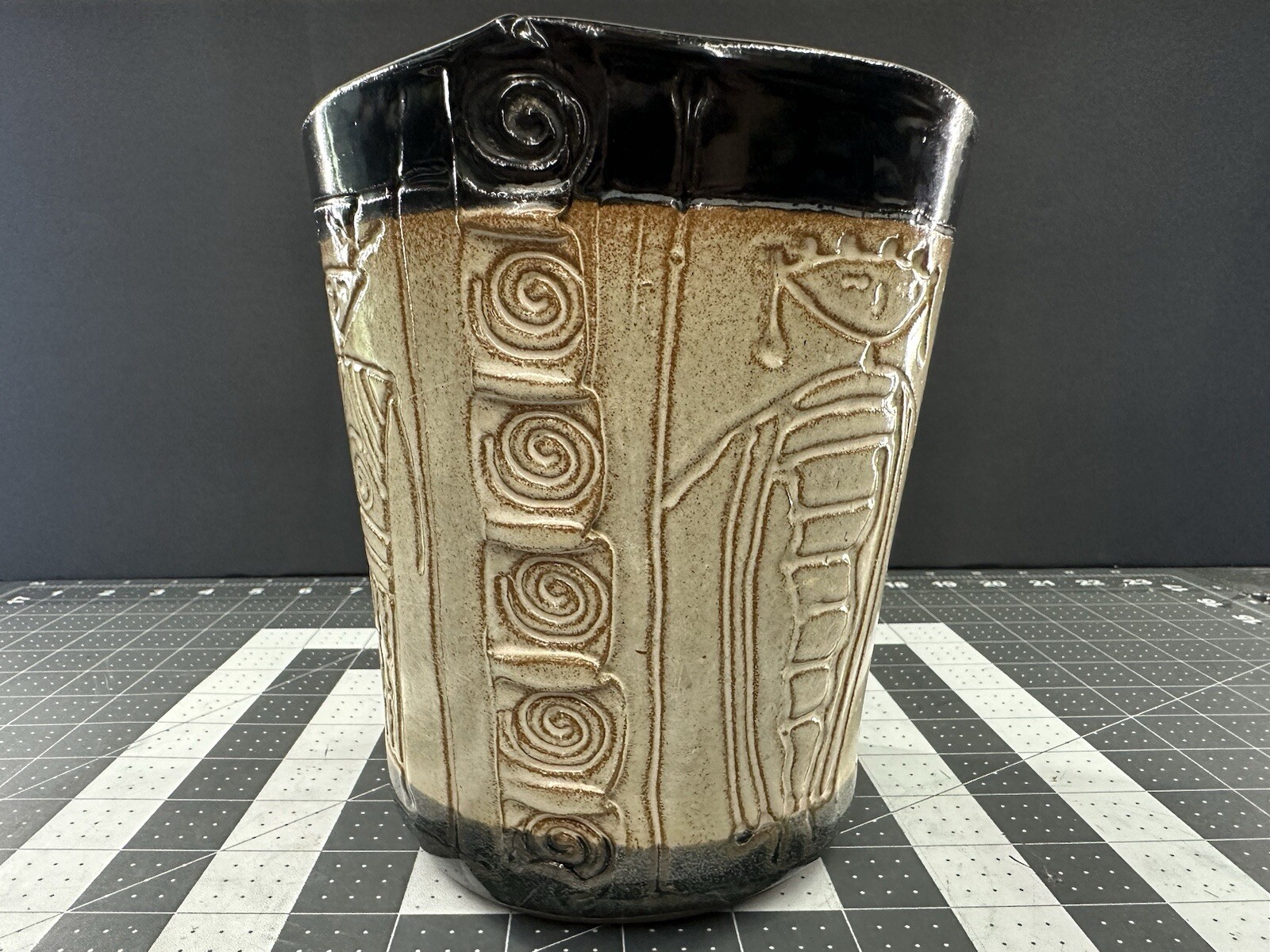 DANA Navajo Sculpted Art Pottery Vase With Picassoesque Faces Design Signed DANA Navajo Sculpted Art Pottery Vase With Picassoesque Faces Design Signed