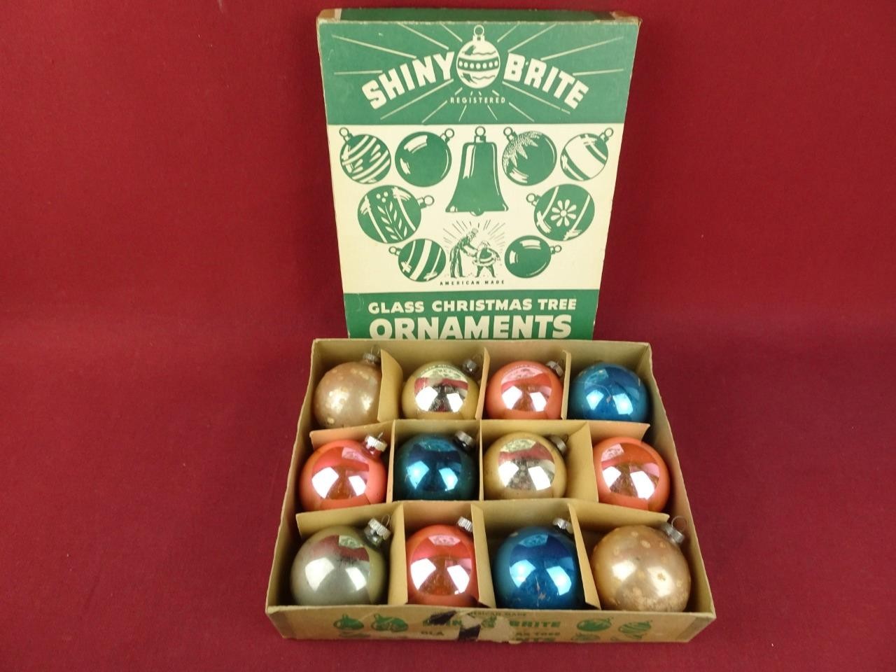 12 VINTAGE MERCURY GLASS CHRISTMAS ORNAMENTS SHINY BRITE UNCLE SAM BOX PINK BLUE