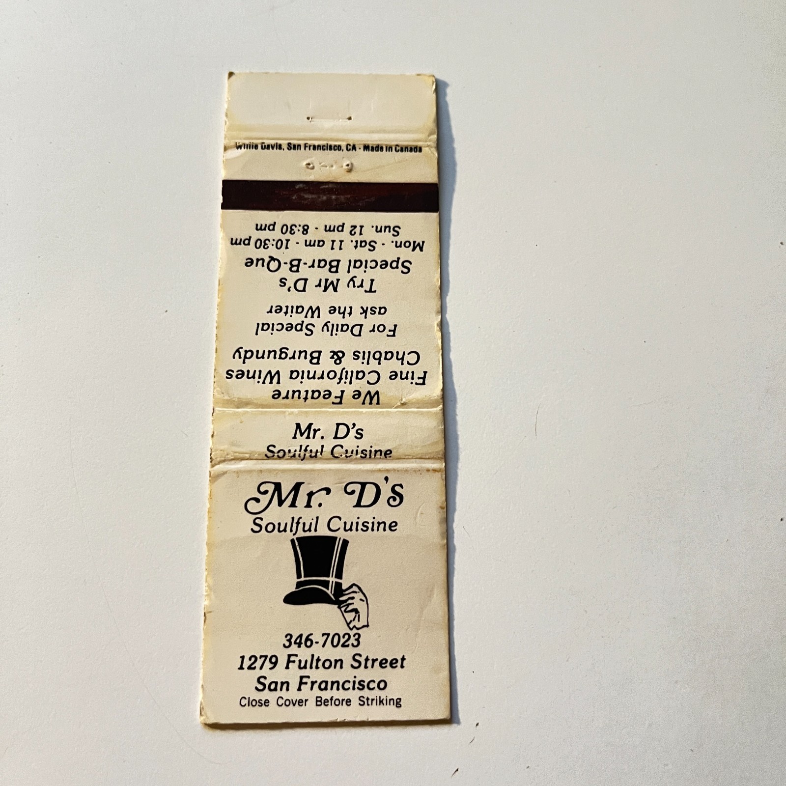 Mr D\'s Soulful Cuisine Fulton St San Francisco Vintage Matchbook Cover 4MB108-5