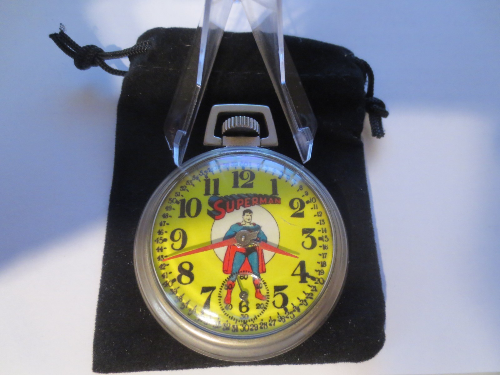 Vintage 16s Westclox Pocket Watch Superman Ad Theme Dial & Case Runs Well.