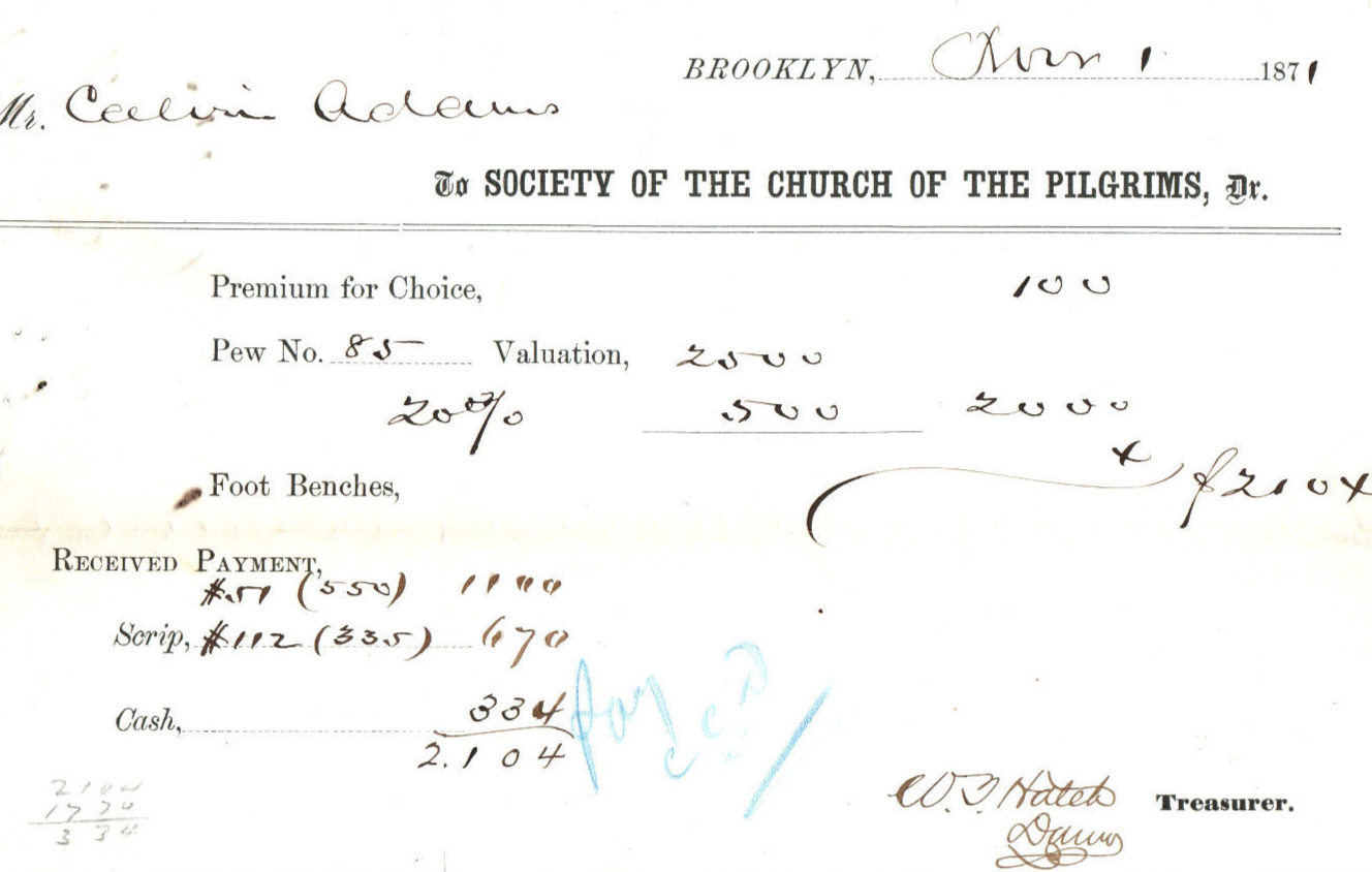 Brooklyn New York Plymouth Church Of Pilgrims Pew Rent 1871 Document