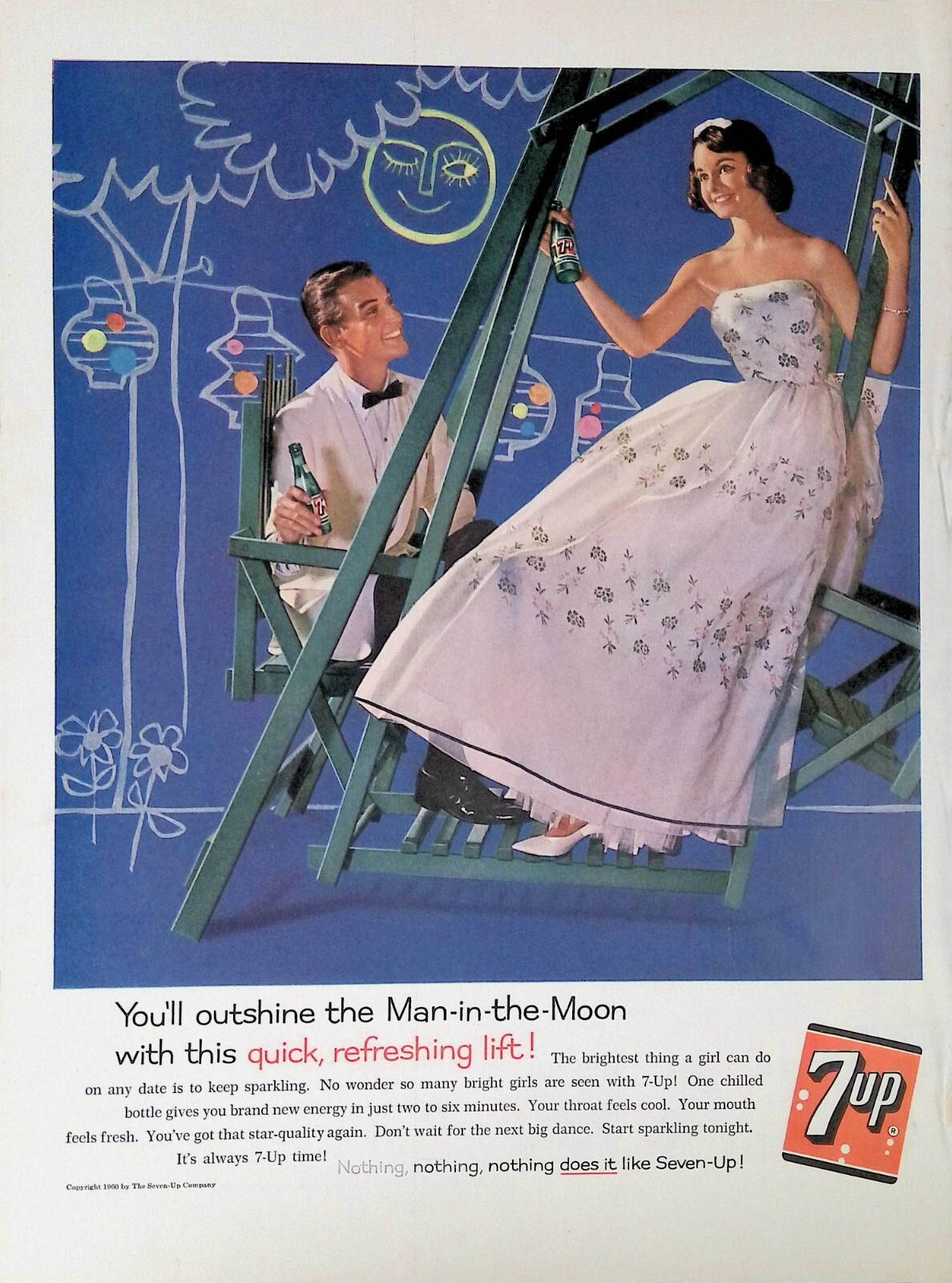 Vintage Print Ad 1960's 7-Up Beautiful Girl Pink Gown Man Tuxedo Moonlit Swing
