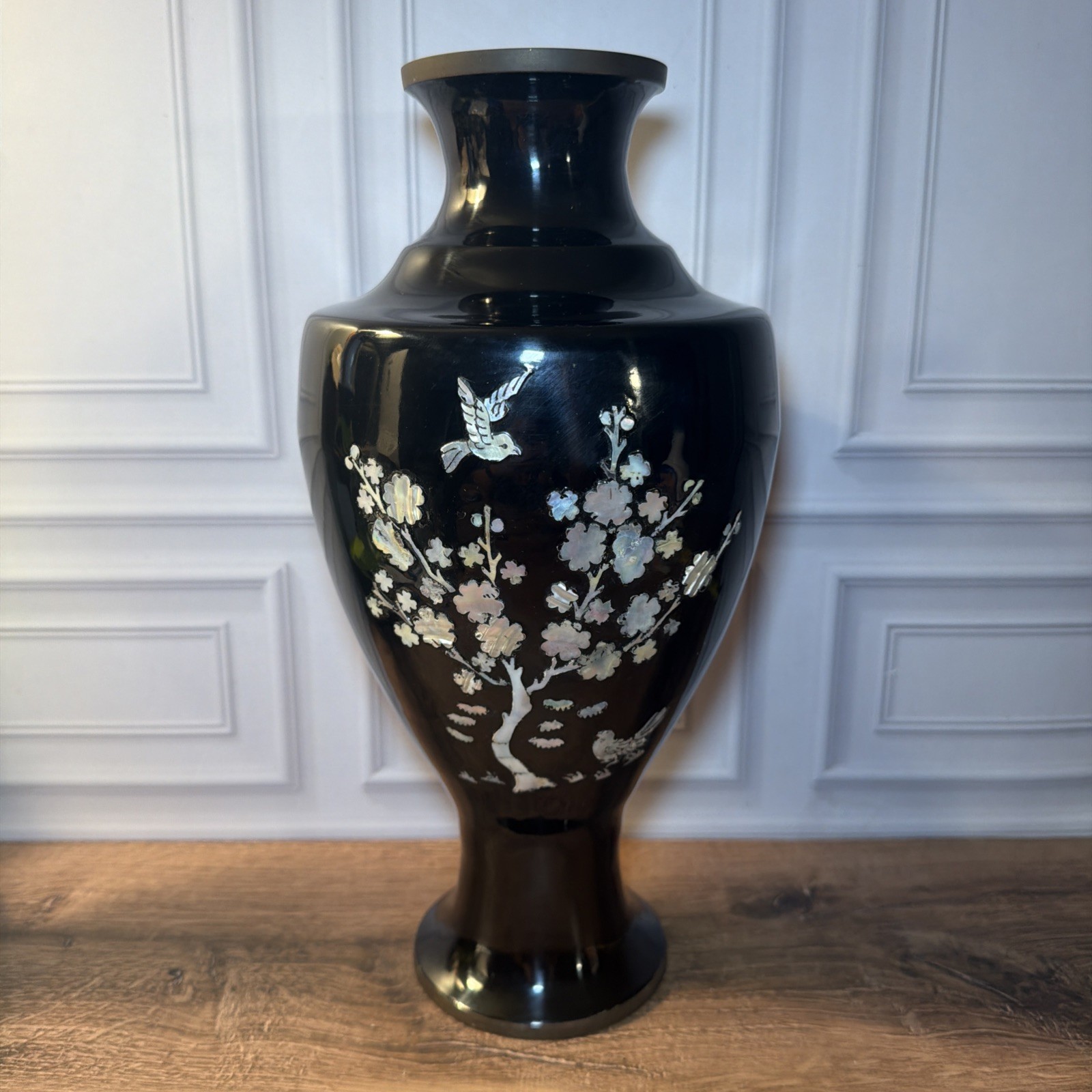 Vintage Korean Black Lacquer Mother of Pearl Inlay Brass 13\