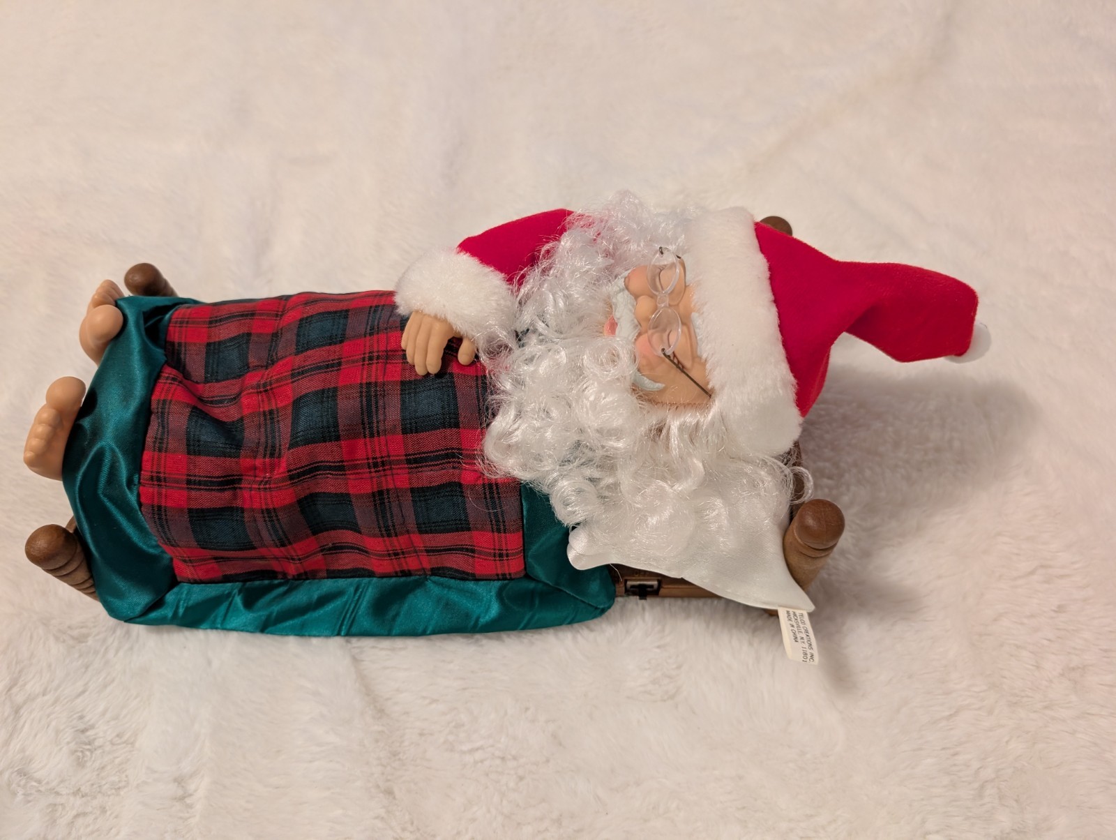 Vintage 1990s Telco Sleeping Snoring Animated Santa in Wooden Bed