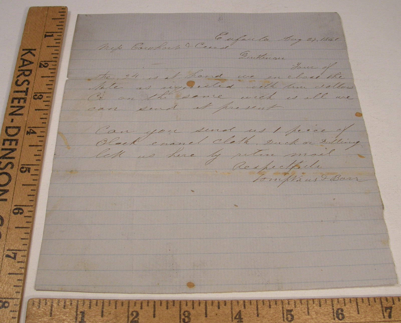 ANTIQUE 1861 LETTER TOMPKINS & BARR EUFALA ALABAMA