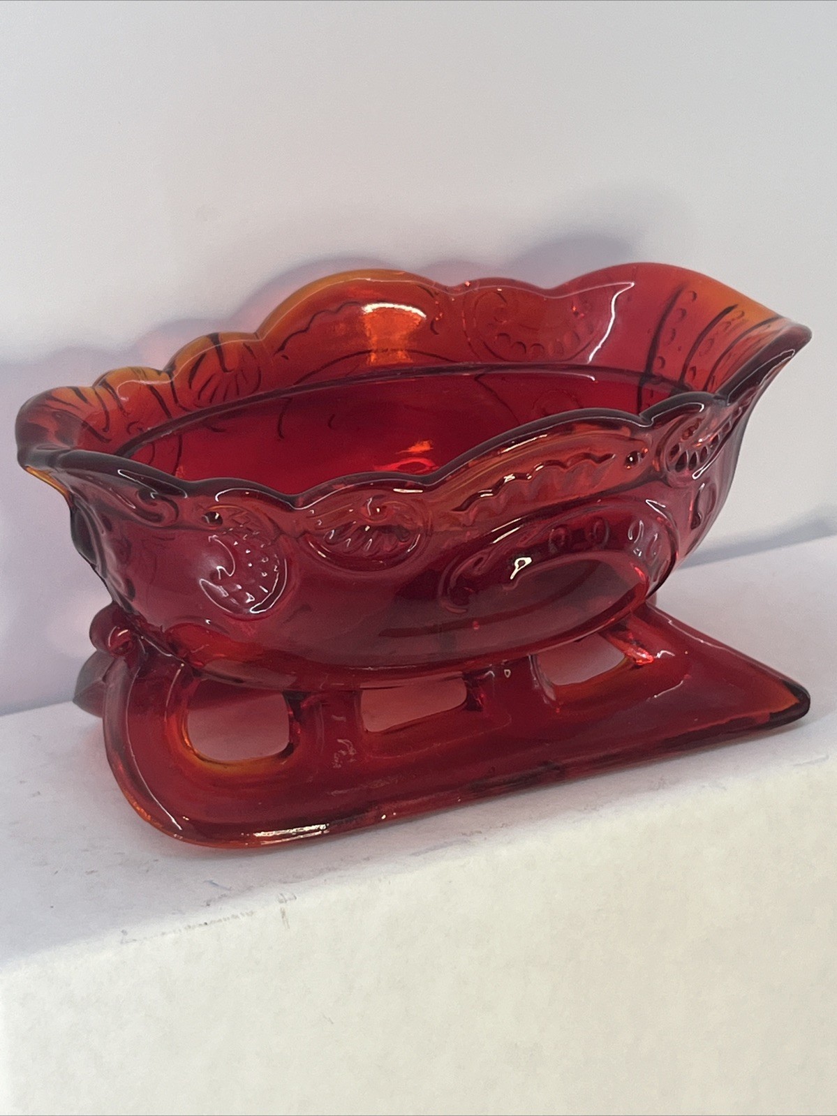 Westmoreland Ruby Red Glass Christmas Santa Sleigh Candy Dish Bowl
