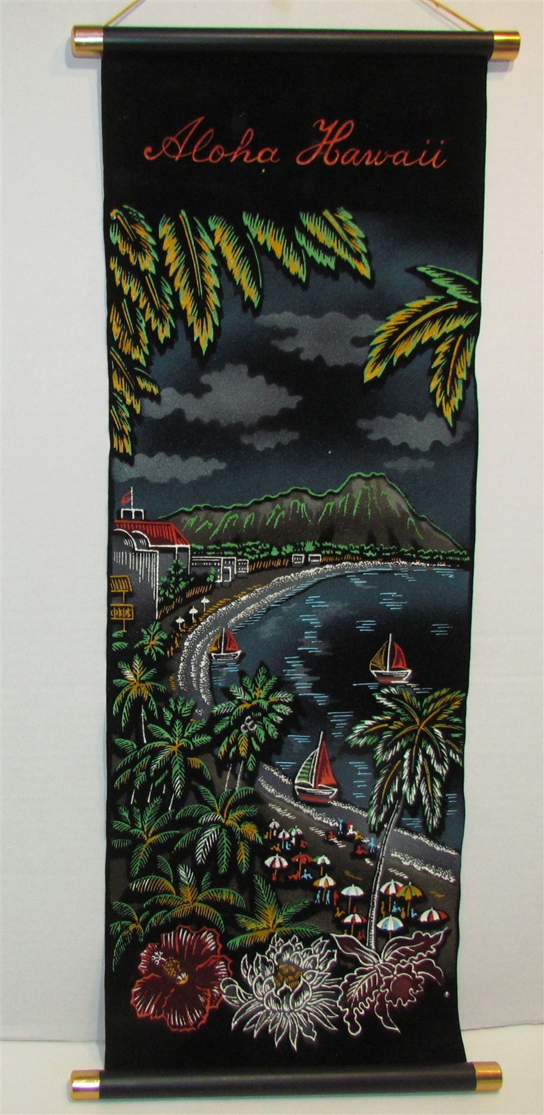 Vintage Aloha Hawaii Black Velvet Banner Wall Hanging