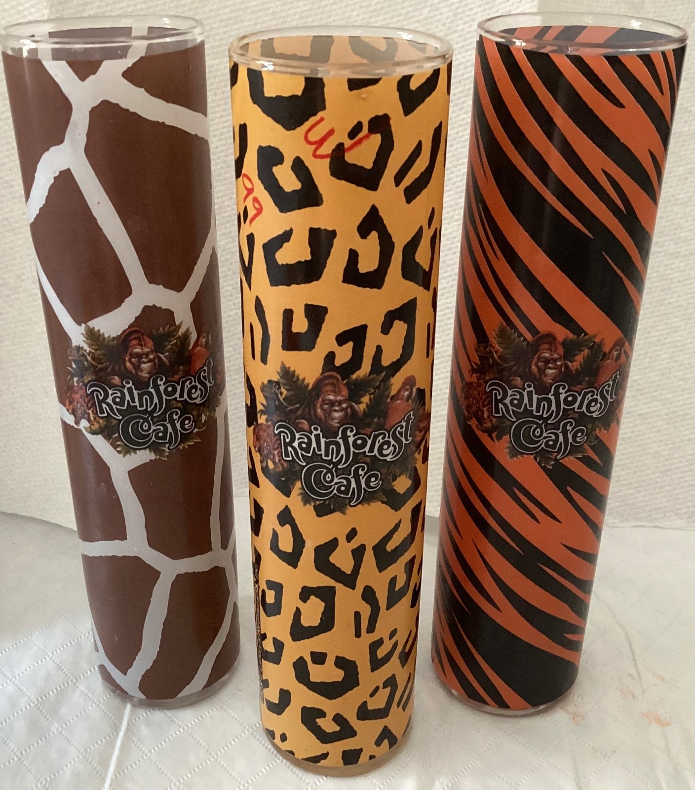 Rainforest Cafe Tall  Glasses Set of 3 Giraffe Leopard Tiger Souvenir