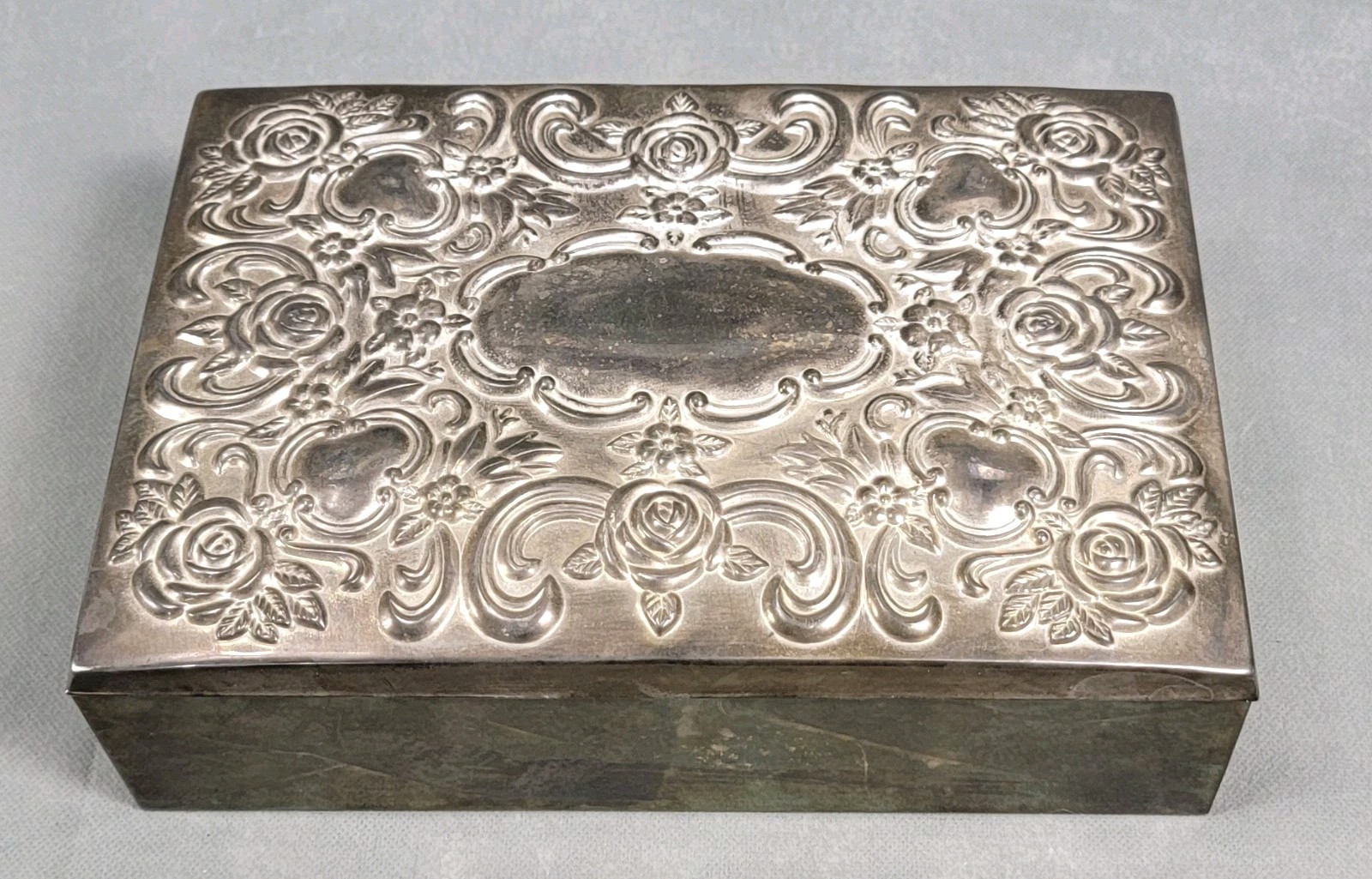 Vintage GODINGER Silverplate FLORAL DESIGN Velvet Interior JEWELRY TRINKET BOX