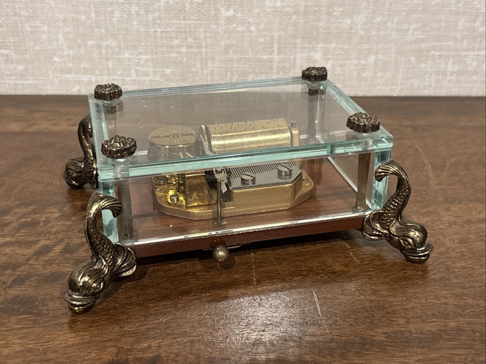 Vintage Swiss Reuge Crystal Clear Glass Music Box Dolphin Legs - “Silent Night”