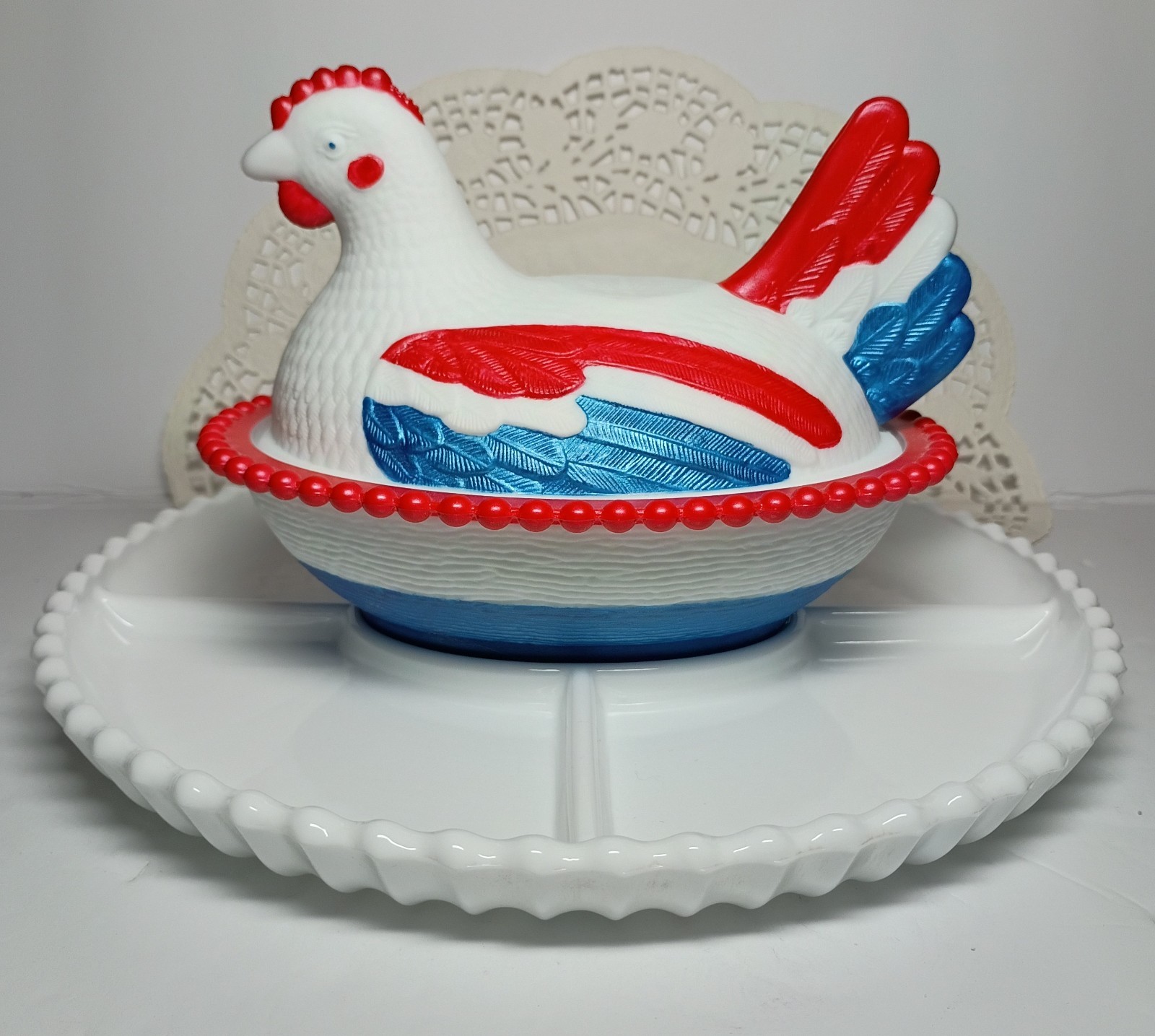 1 Of A Kind Hand-Painted Patriotic Indiana Milk Glass Hen on Nest w/ Tray Signed