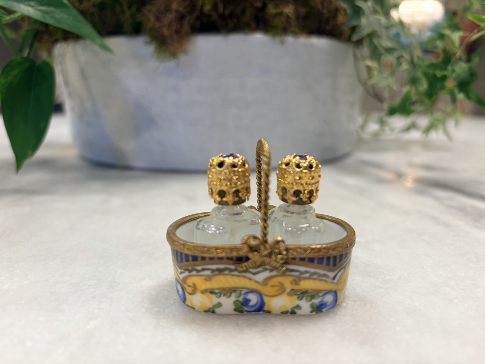 Limoges France Peint Main Blue Roses Box Basket TwoPerfume Bottles Gold Bow