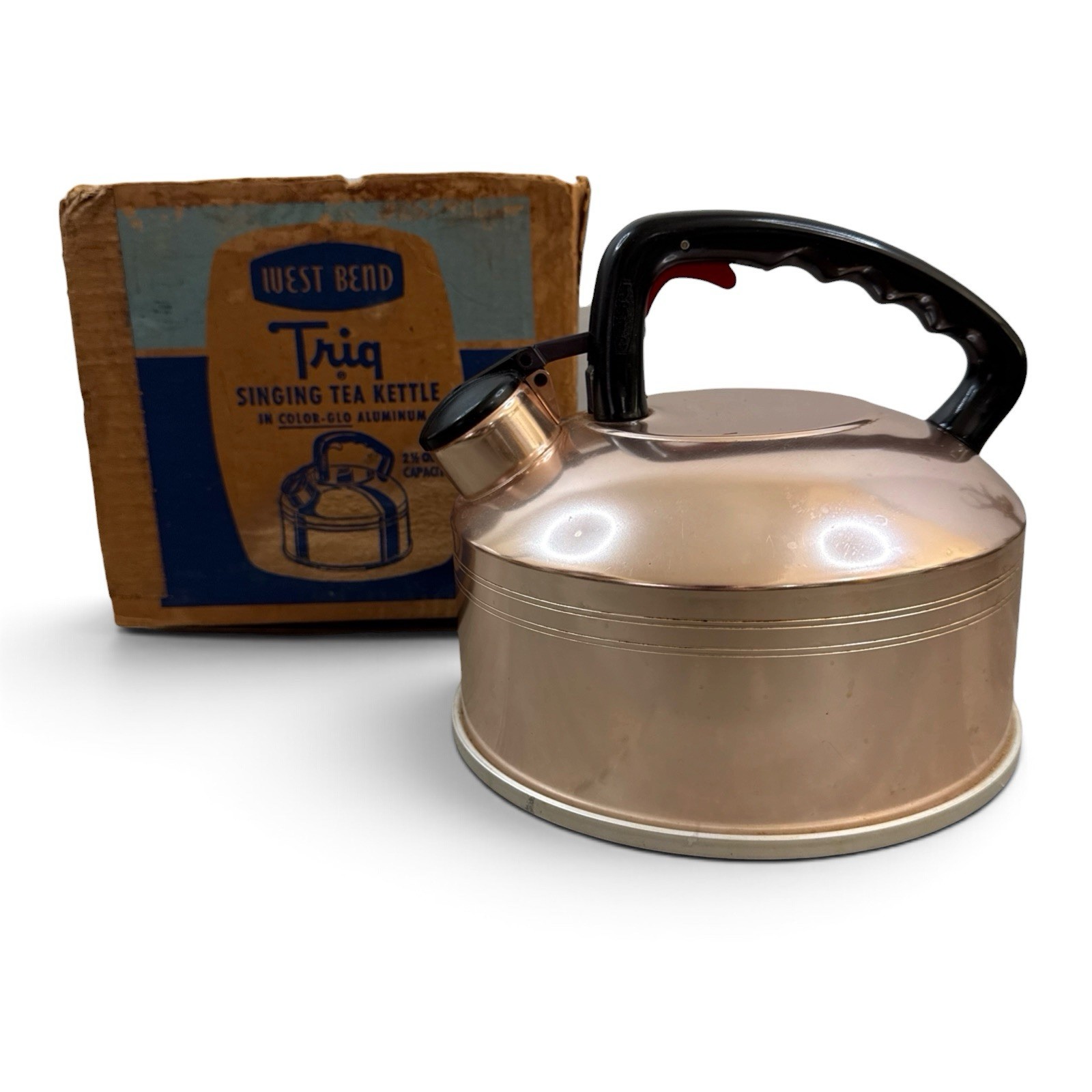 Vintage West Bend Triq 2.5 QT Singing Kettle Copper Color Glo Aluminum w/ Box 